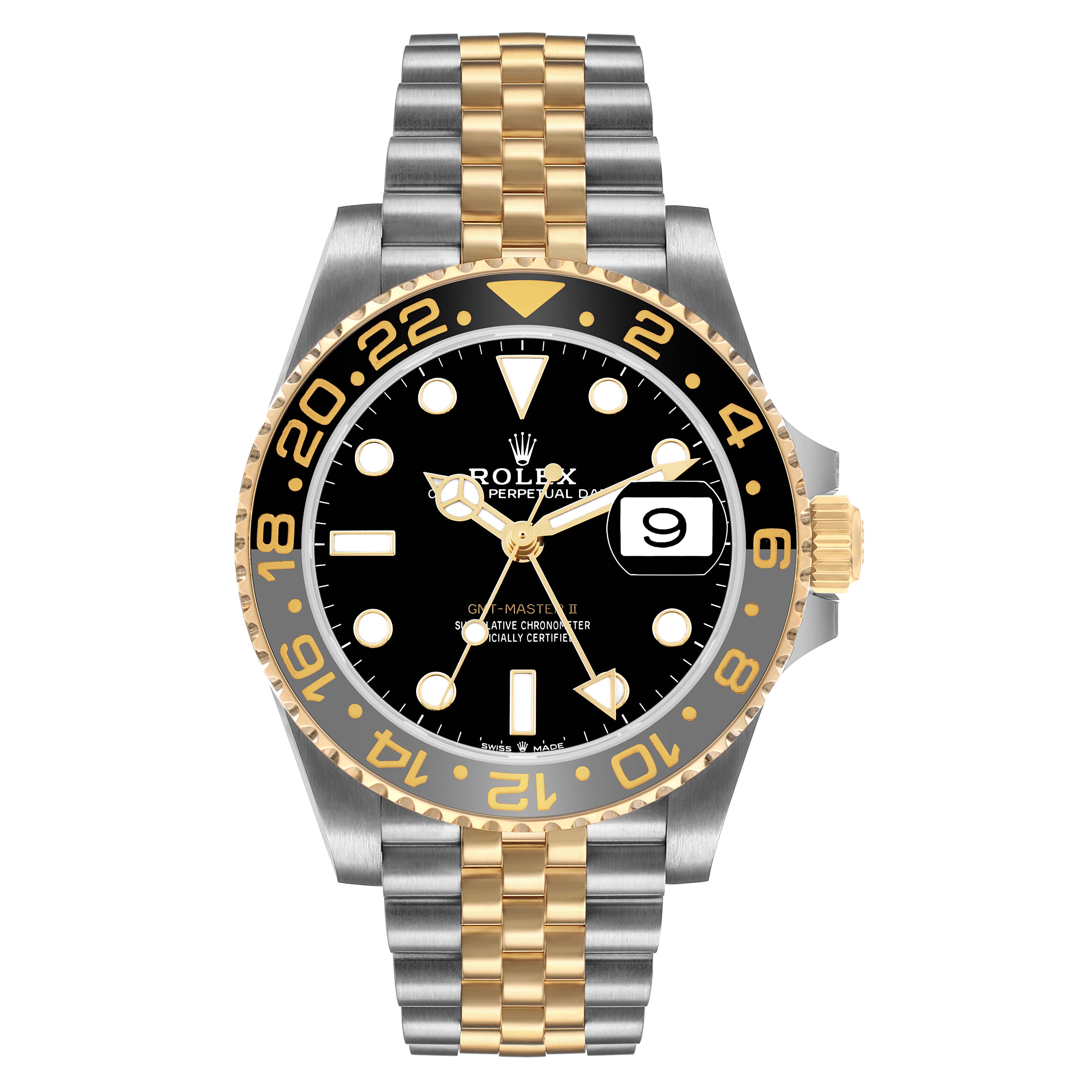 The Rolex GMT-Master 126713 Men's Steel and Gold (two tone) Black Dial watch is shown from a front angle, highlighting its bezel, dial, hands, and two-tone bracelet.
