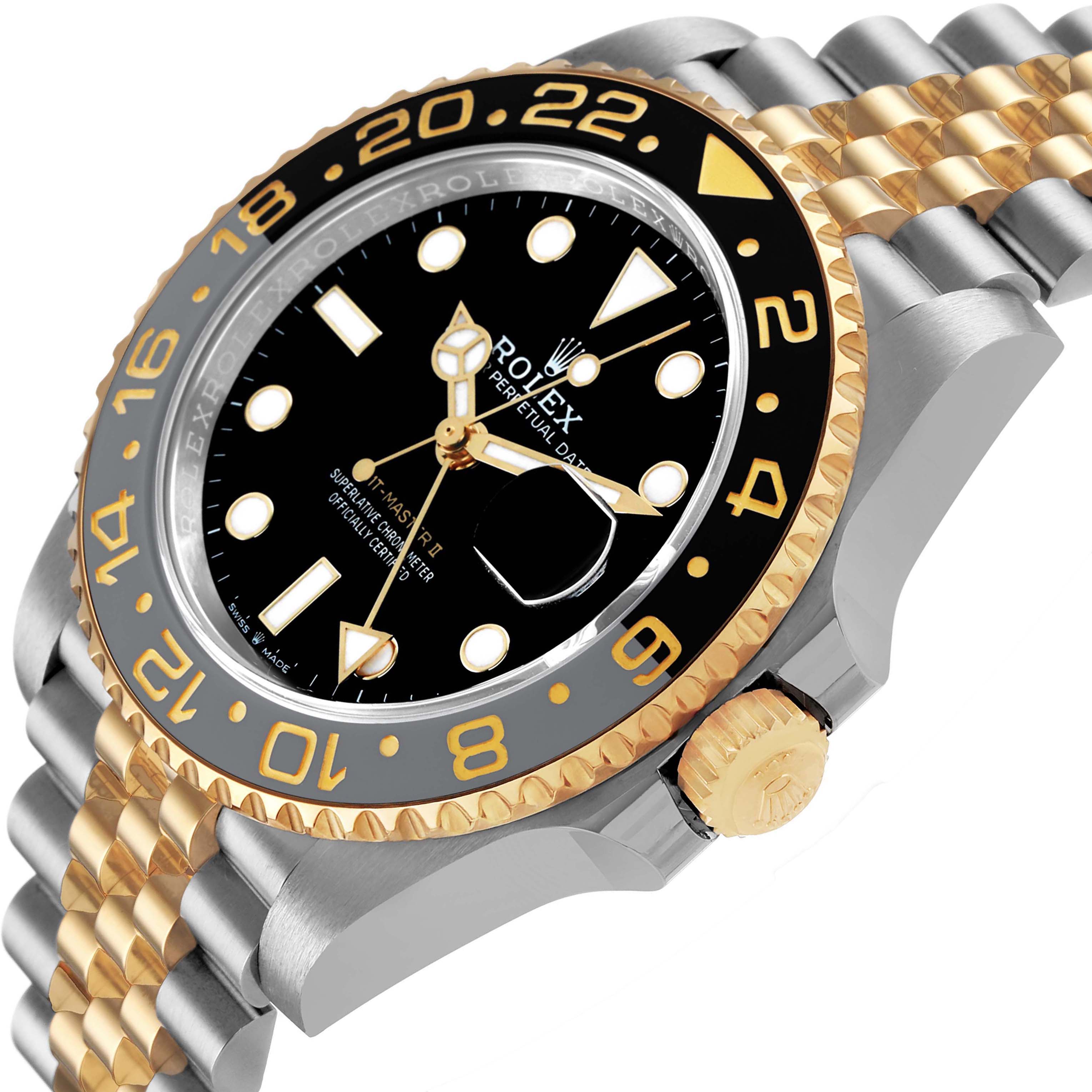 The Rolex GMT-Master 126713 Men's Steel and Gold (two tone) Black Dial watch is shown at an angled side view, highlighting the bezel, crown, and two-tone bracelet.