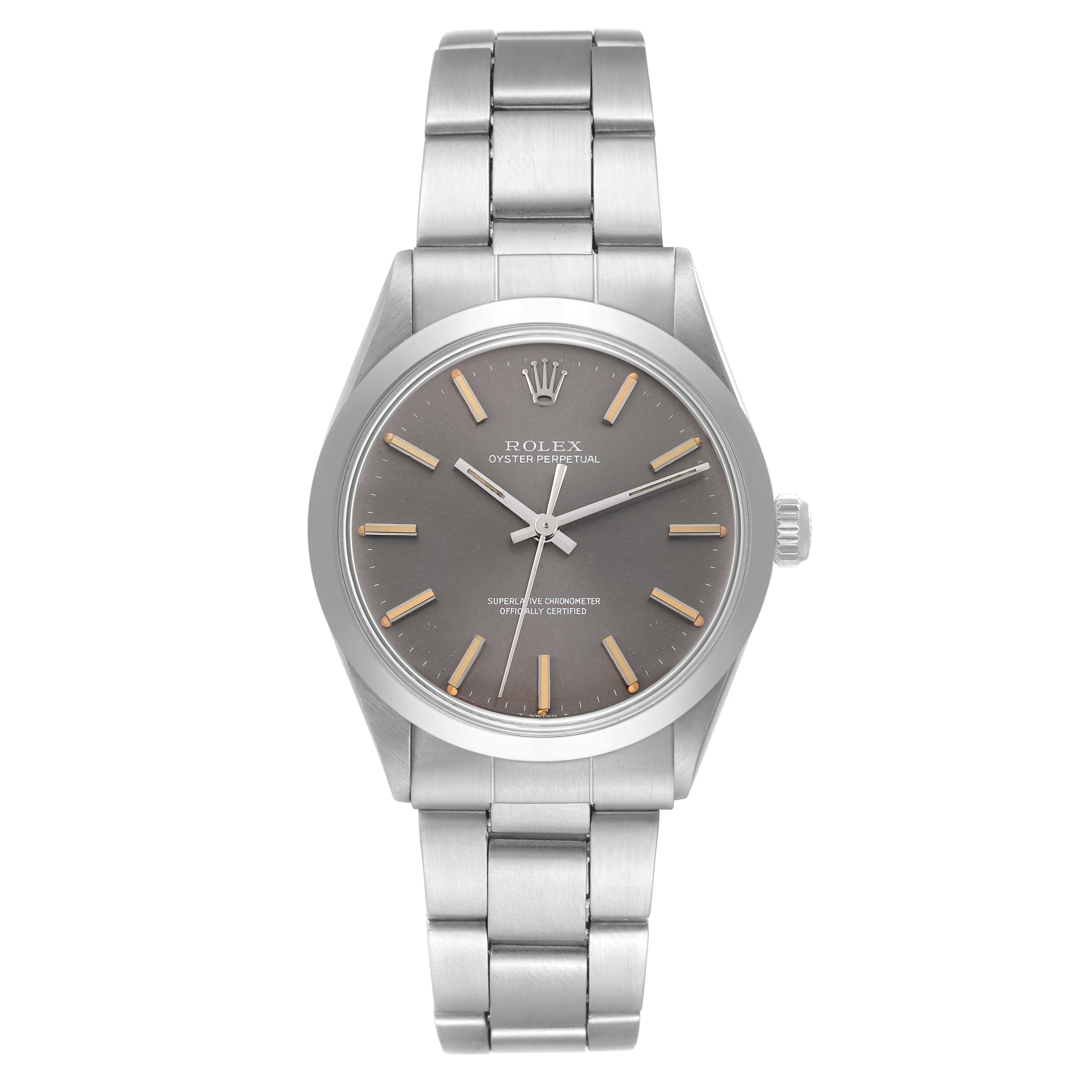 This image shows a front view of the Rolex Oyster Perpetual 1002 Men's Stainless Steel Grey Dial 1002 Men's Stainless Steel Grey Dial watch, displaying its face, dial, and bracelet.