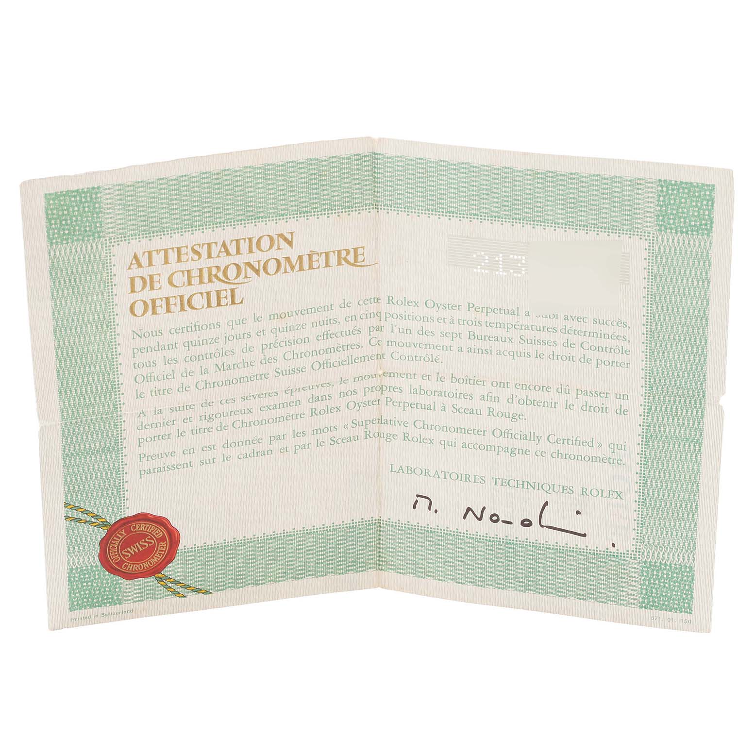 This image shows the official chronometer certification document for the Rolex Oyster Perpetual 1002 Men's Stainless Steel Grey Dial 1002 Men's Stainless Steel Grey Dial model.