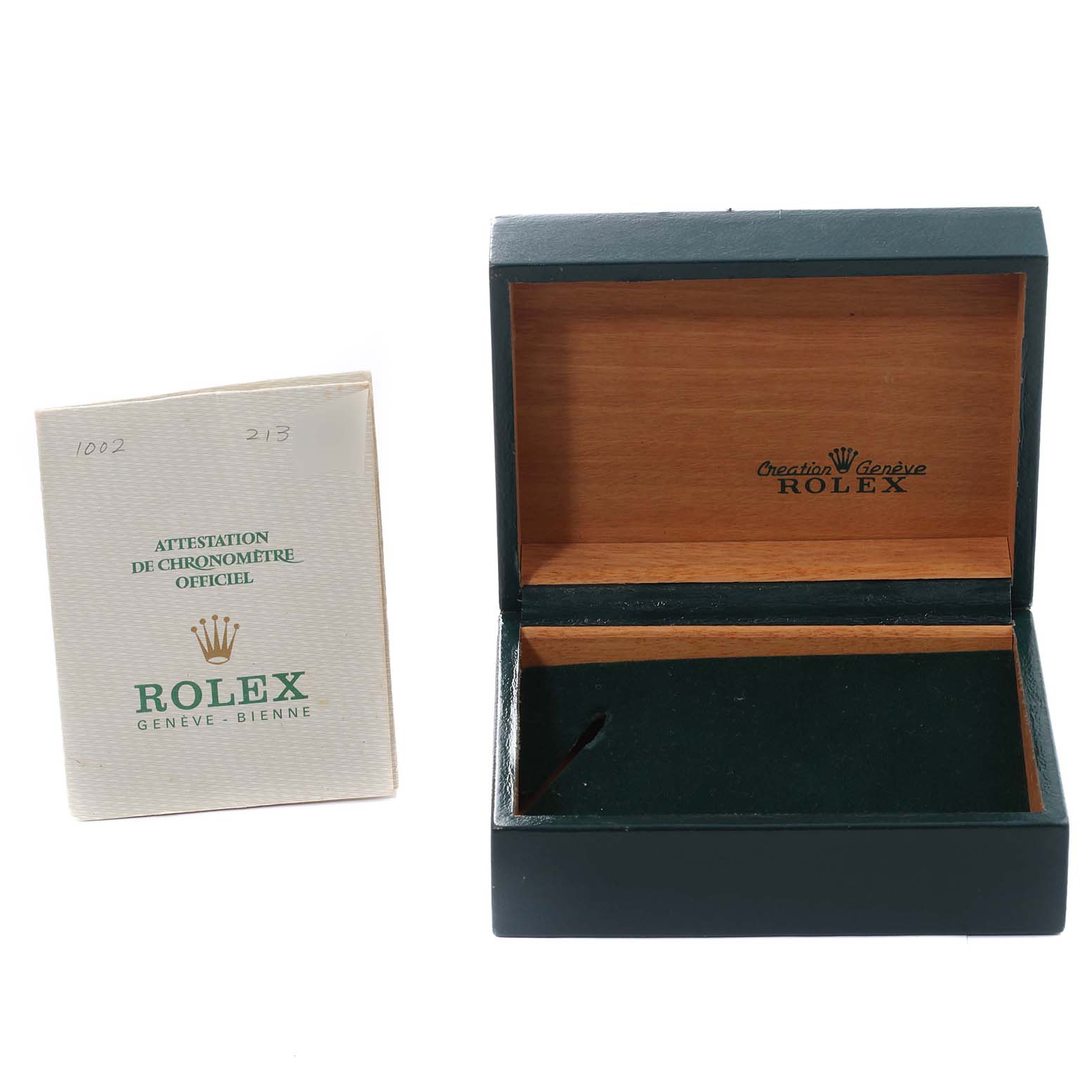 The image shows an open Rolex Oyster Perpetual 1002 Men's Stainless Steel Grey Dial 1002 Men's Stainless Steel Grey Dial watch box and a certificate of authenticity booklet.