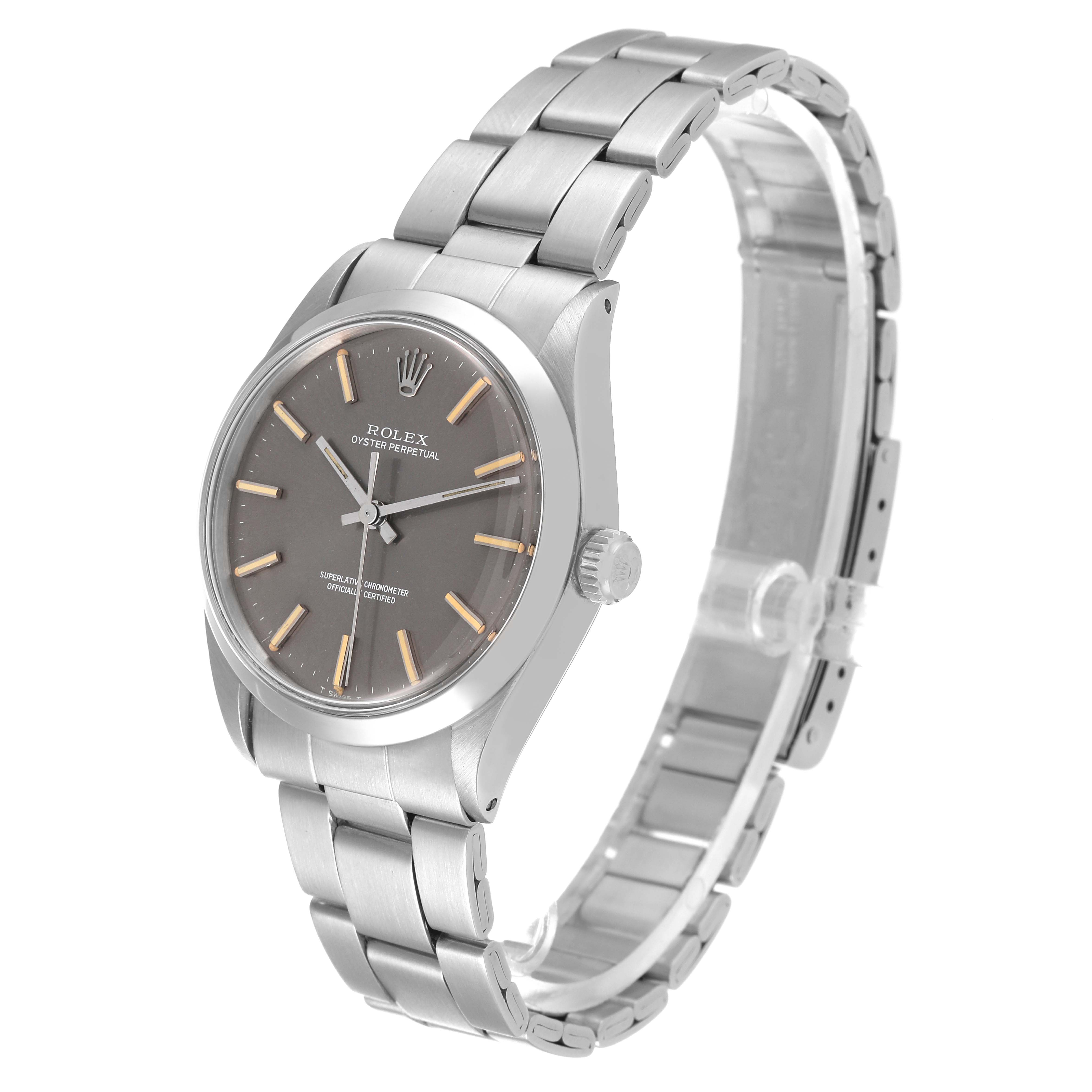 The Rolex Oyster Perpetual 1002 Men's Stainless Steel Grey Dial 1002 Men's Stainless Steel Grey Dial watch is shown at a slight angle, highlighting the dial, crown, and stainless steel bracelet.
