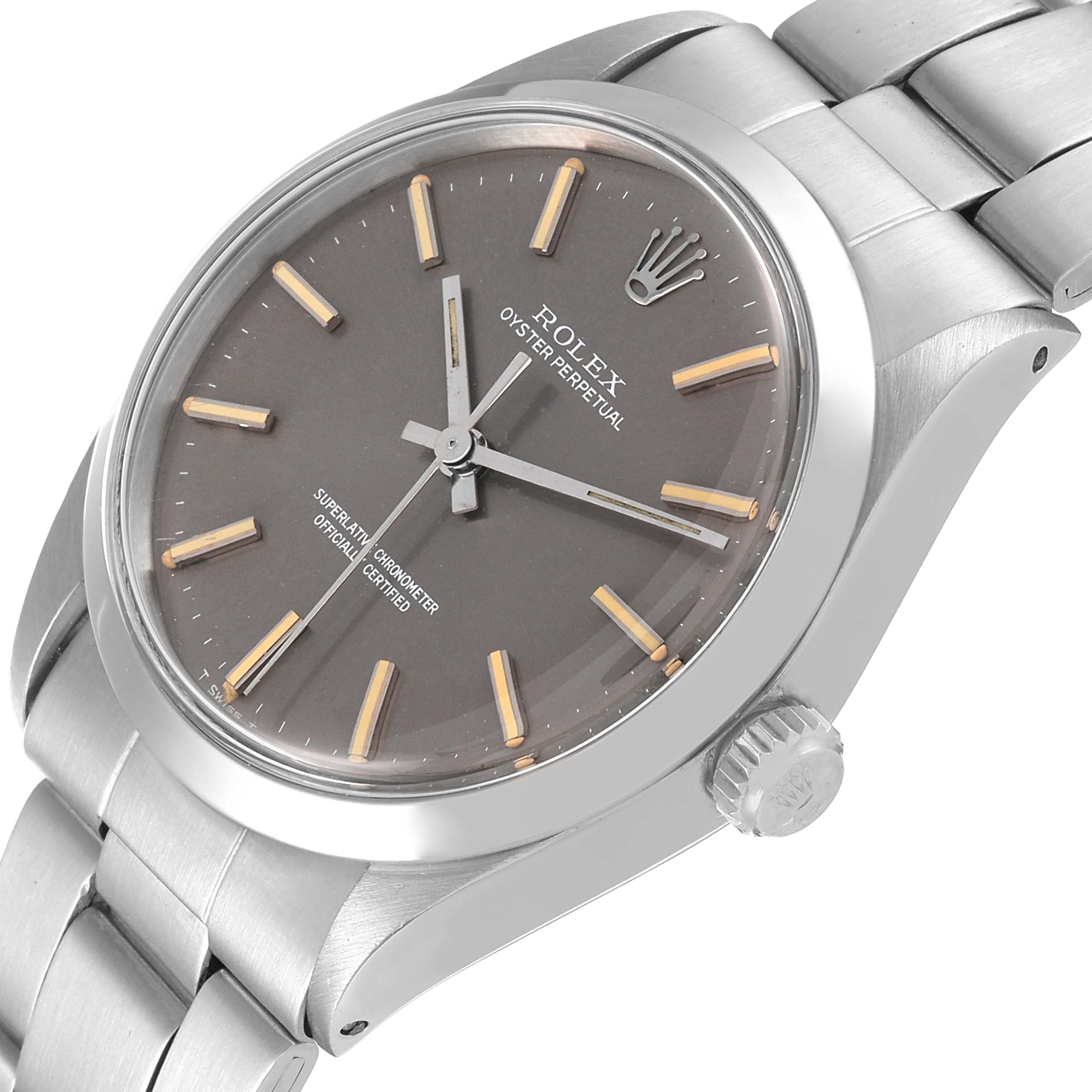 The Rolex Oyster Perpetual 1002 Men's Stainless Steel Grey Dial 1002 Men's Stainless Steel Grey Dial watch is shown from a slight angle, highlighting the face, crown, and part of the bracelet.
