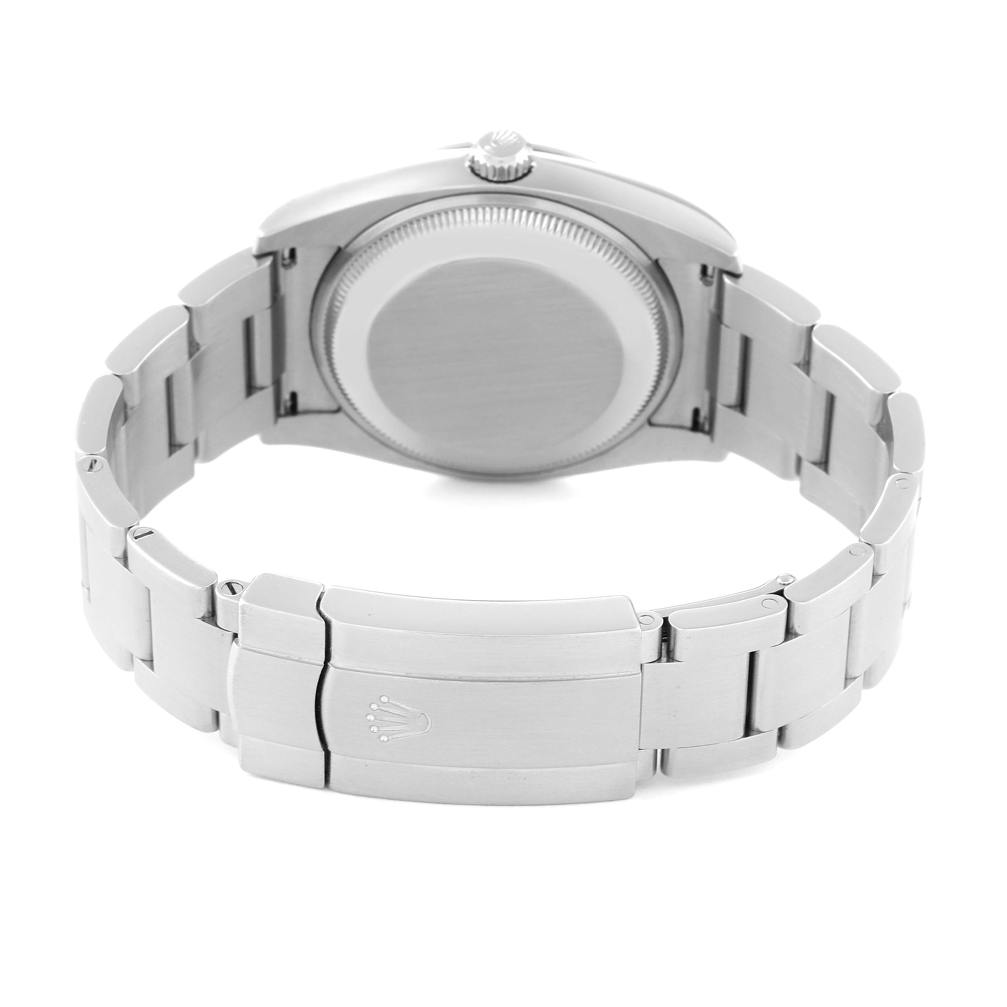 The image shows the back view of the Rolex Oyster Perpetual 114200 Men
s Stainless Steel Green Dial 114200 Men
s Stainless Steel Green Dial watch, highlighting the case back and the bracelet with the clasp.