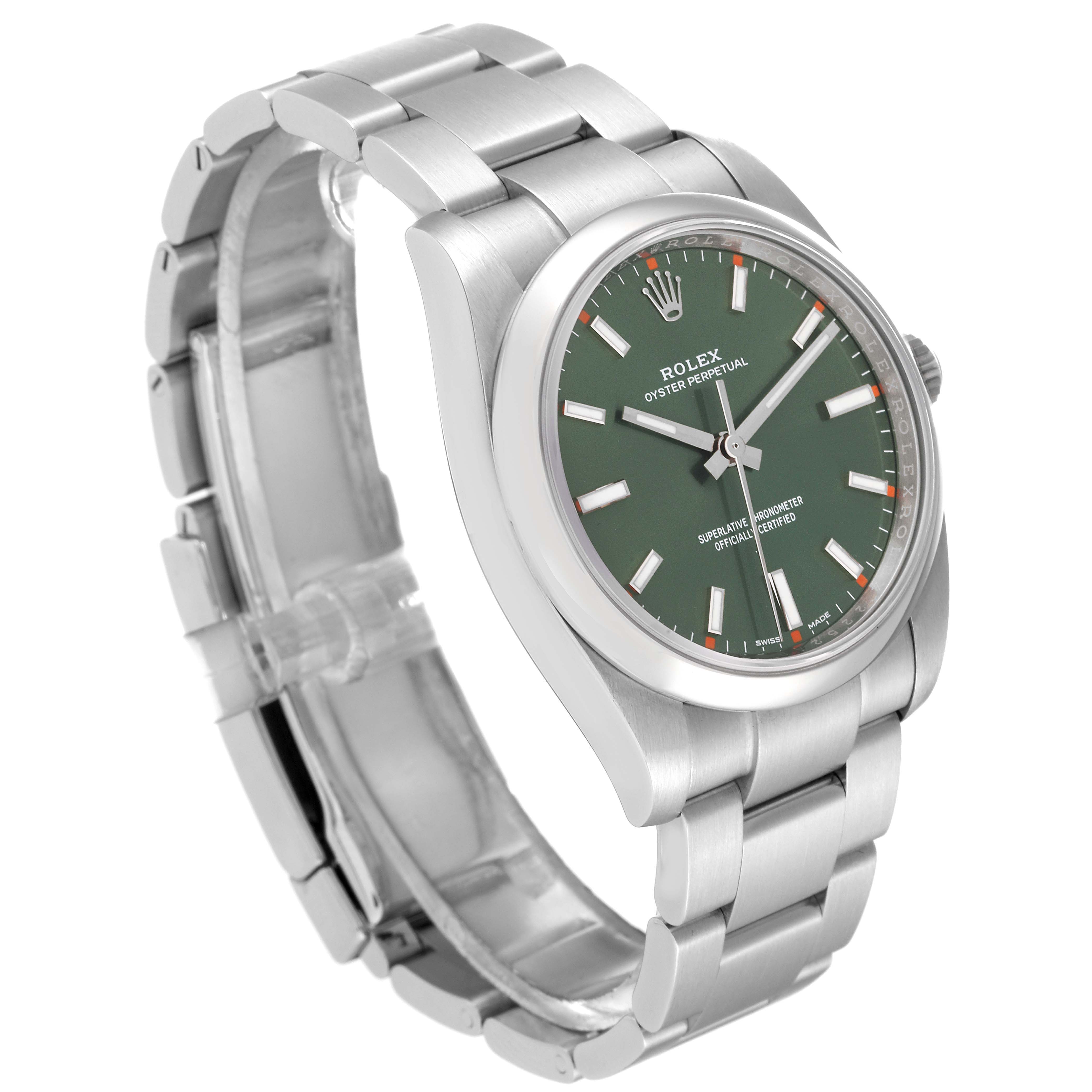 The image shows a side angle view of a Rolex Oyster Perpetual 114200 Men
s Stainless Steel Green Dial 114200 Men
s Stainless Steel Green Dial watch, highlighting its green dial and stainless steel bracelet.