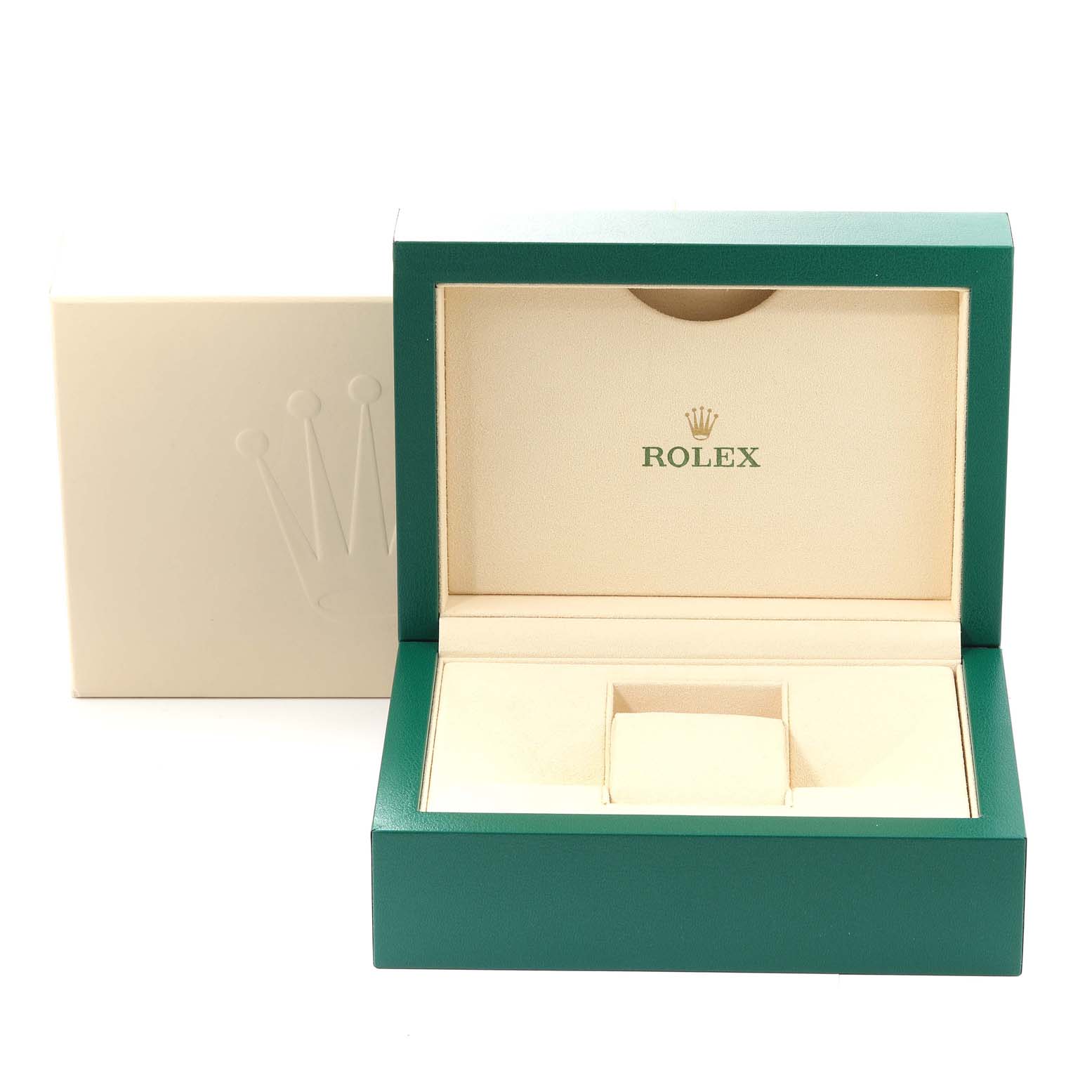 The image shows an open Rolex watch box, likely for the Oyster Perpetual model, with the inner cushion and the Rolex logo visible.