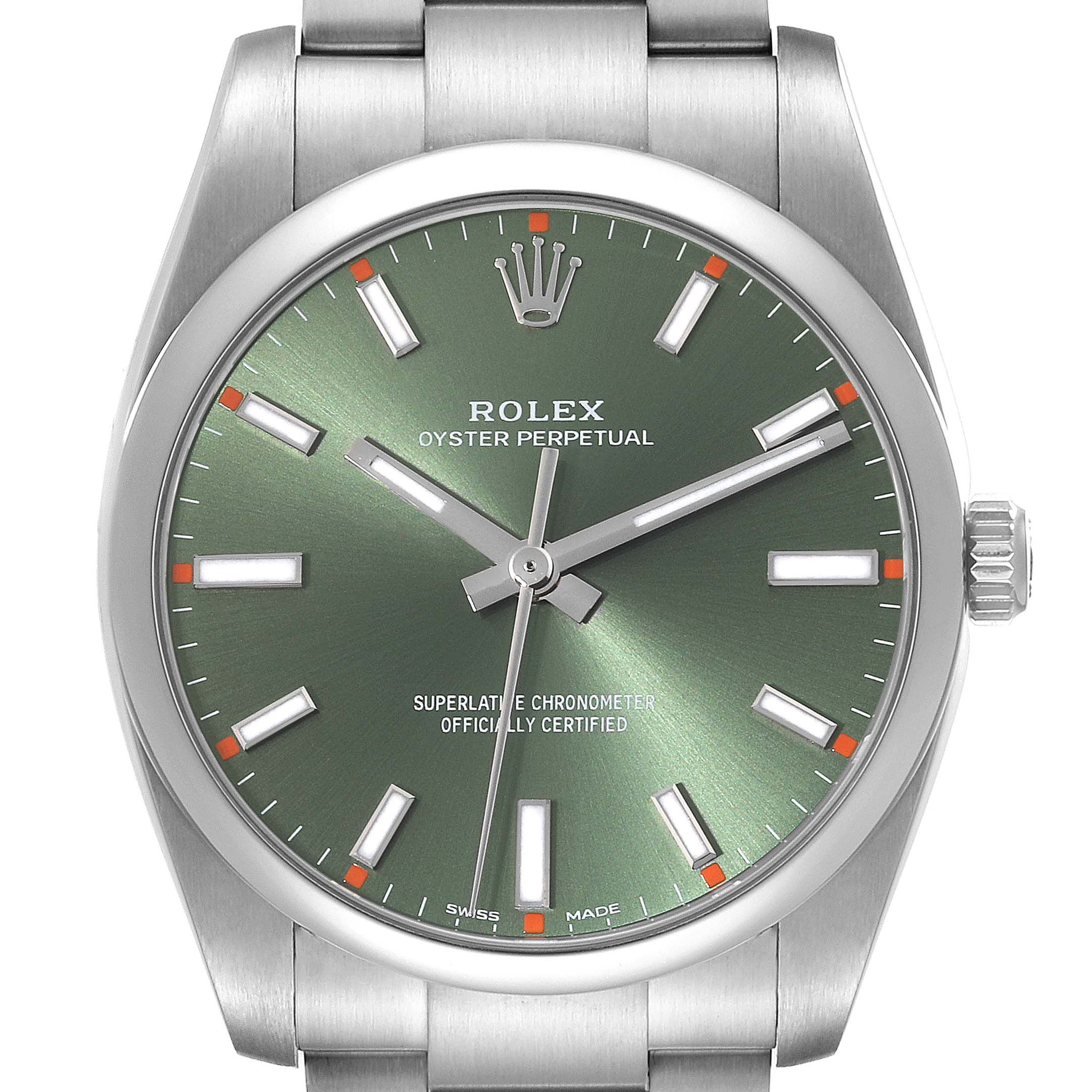 This image shows a front view of the Rolex Oyster Perpetual 114200 Men
s Stainless Steel Green Dial 114200 Men
s Stainless Steel Green Dial watch, highlighting its green dial and bracelet.
