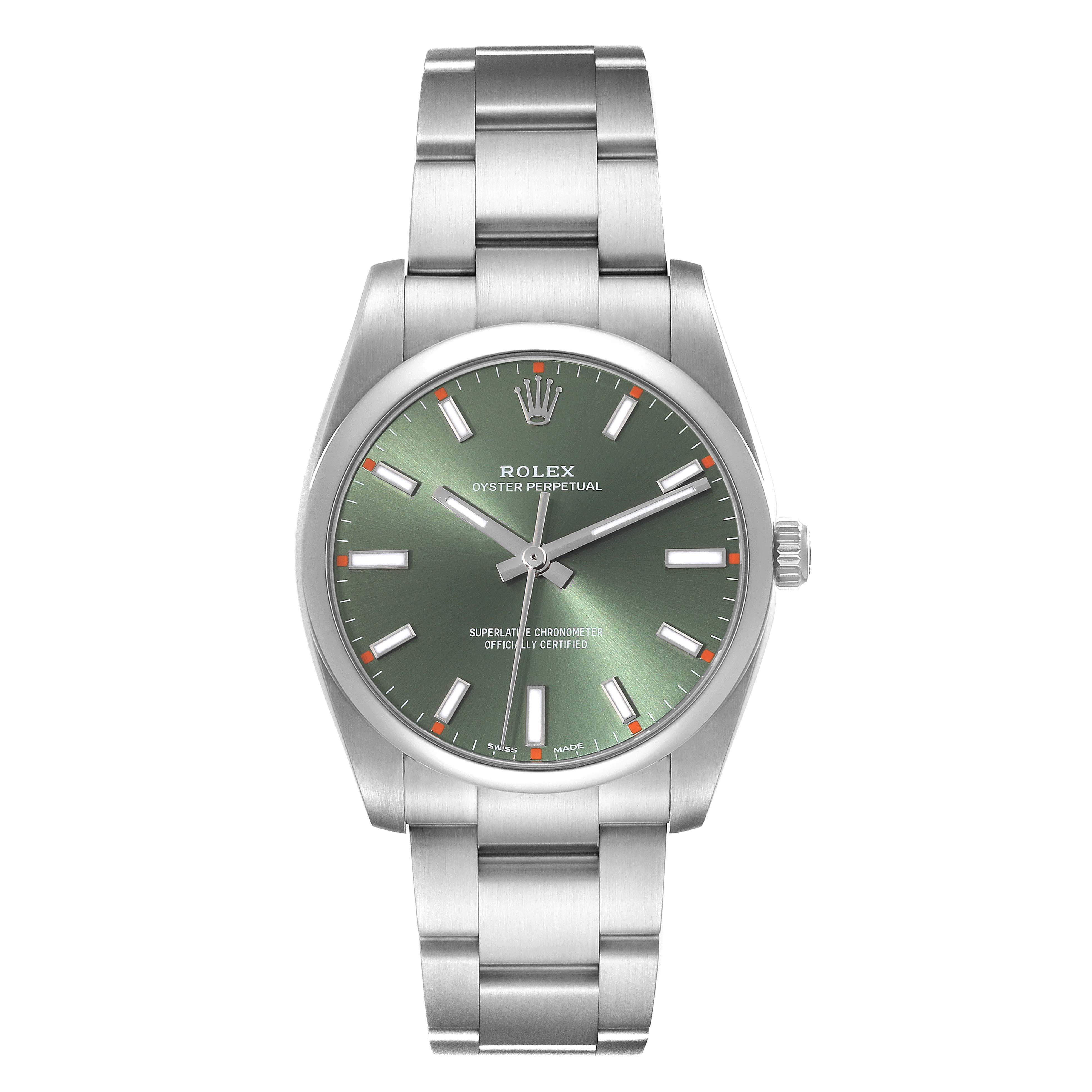 The image shows a front view of the Rolex Oyster Perpetual 114200 Men
s Stainless Steel Green Dial 114200 Men
s Stainless Steel Green Dial watch, highlighting its green dial and stainless steel bracelet.