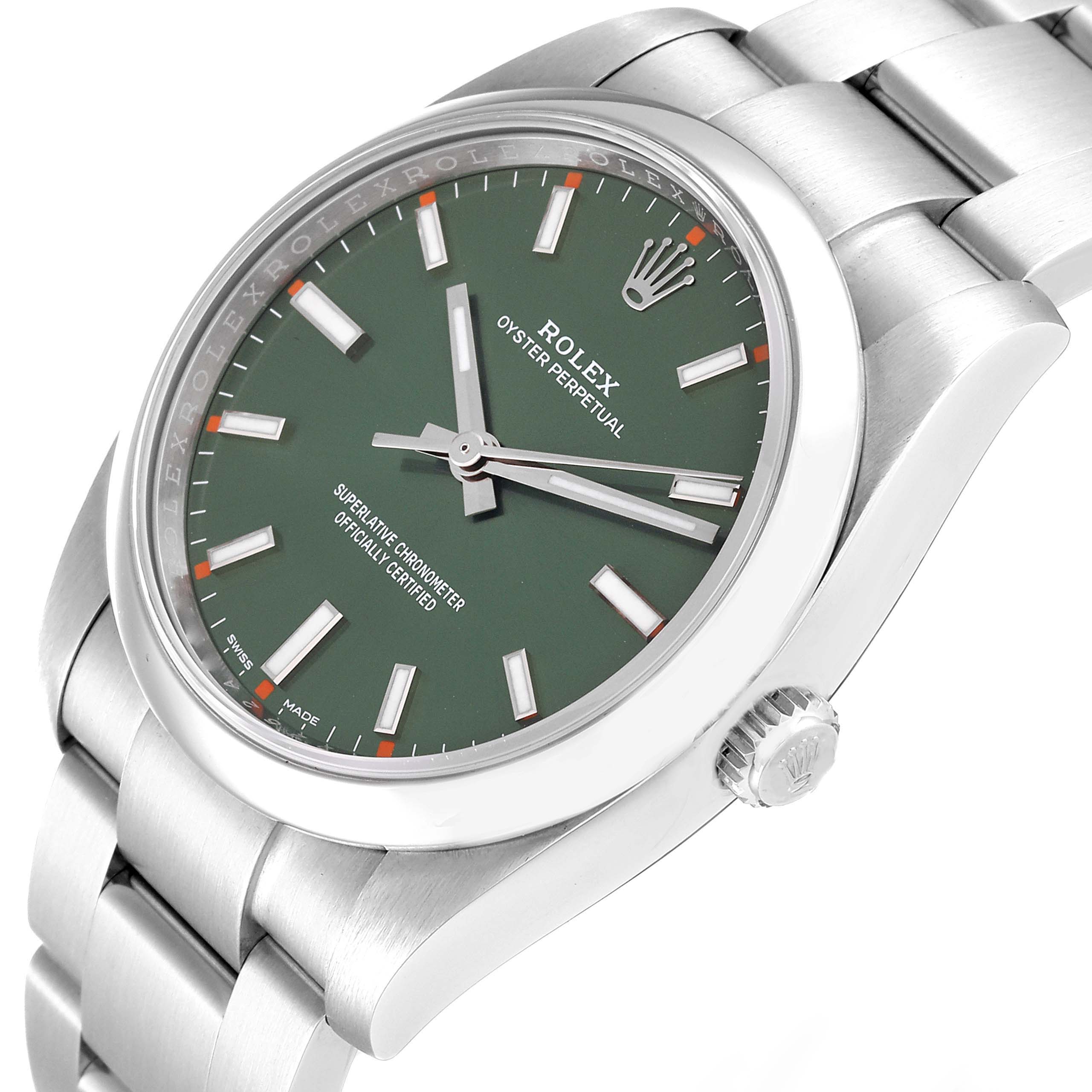The Rolex Oyster Perpetual 114200 Men
s Stainless Steel Green Dial 114200 Men
s Stainless Steel Green Dial watch is shown at an angled view displaying the face, crown, and part of the bracelet.