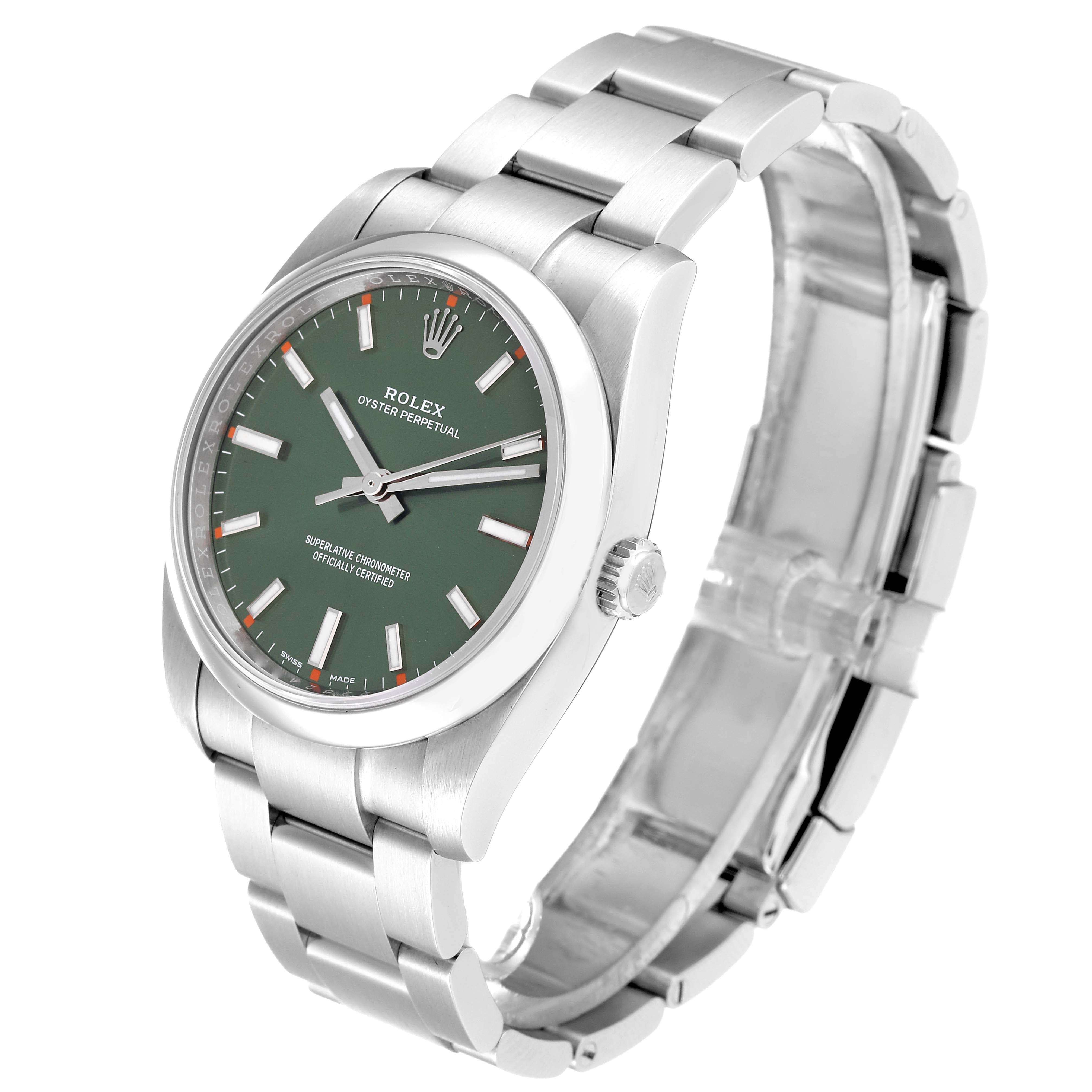 The image shows a Rolex Oyster Perpetual 114200 Men
s Stainless Steel Green Dial 114200 Men
s Stainless Steel Green Dial watch at an angled view highlighting the dial, case, and bracelet.