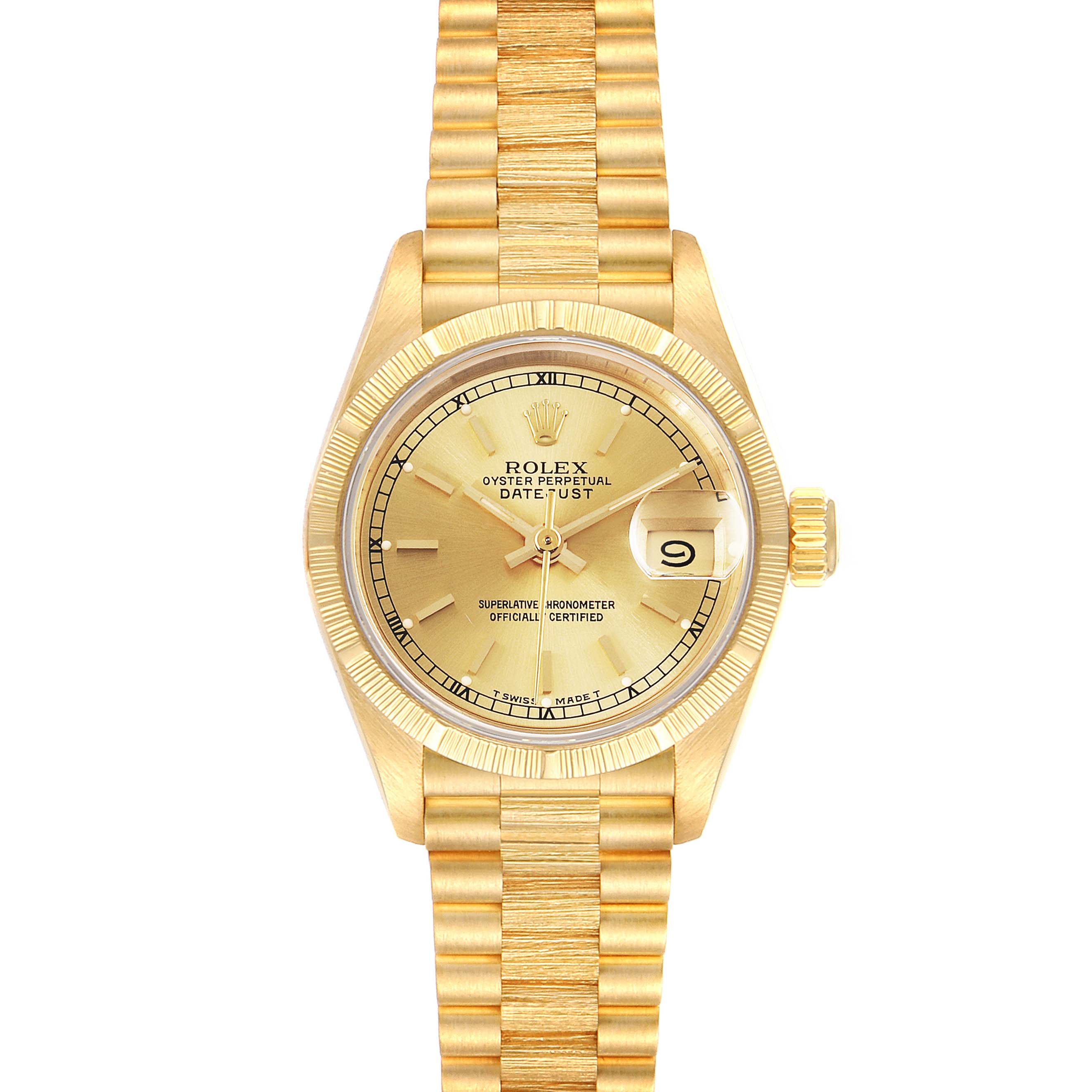 The Rolex President 69278 Women
s Yellow Gold Champagne Dial 69278 Women
s Yellow Gold Champagne Dial model watch is shown from a top-down angle, highlighting its gold dial, bracelet, and fluted bezel.