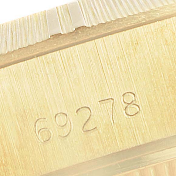 The image shows a close-up of the case side and model number of a Rolex President 69278 Women
s Yellow Gold Champagne Dial 69278 Women
s Yellow Gold Champagne Dial 69278.