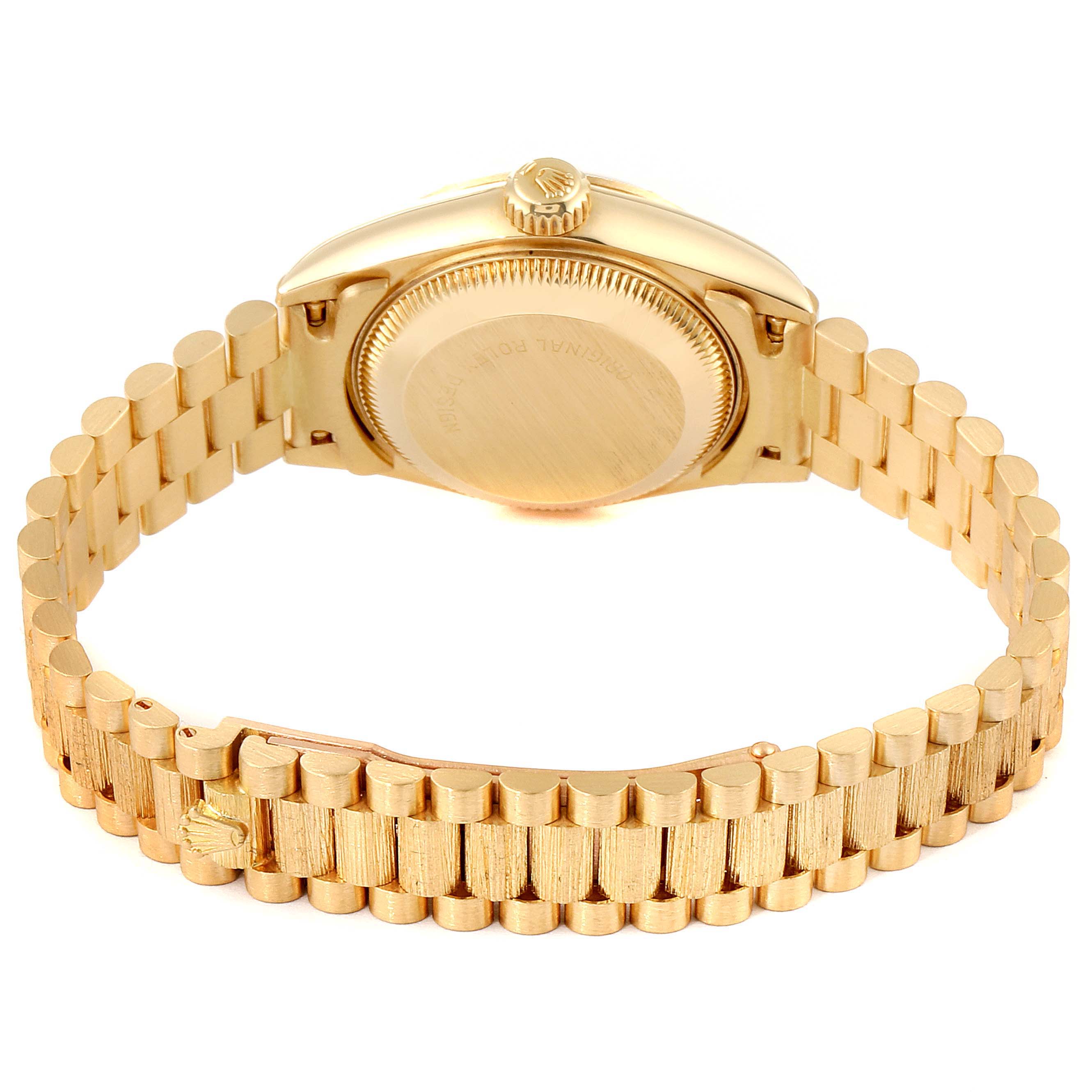 Shown is the back view of a Rolex President 69278 Women
s Yellow Gold Champagne Dial 69278 Women
s Yellow Gold Champagne Dial watch, featuring the case back and bracelet.