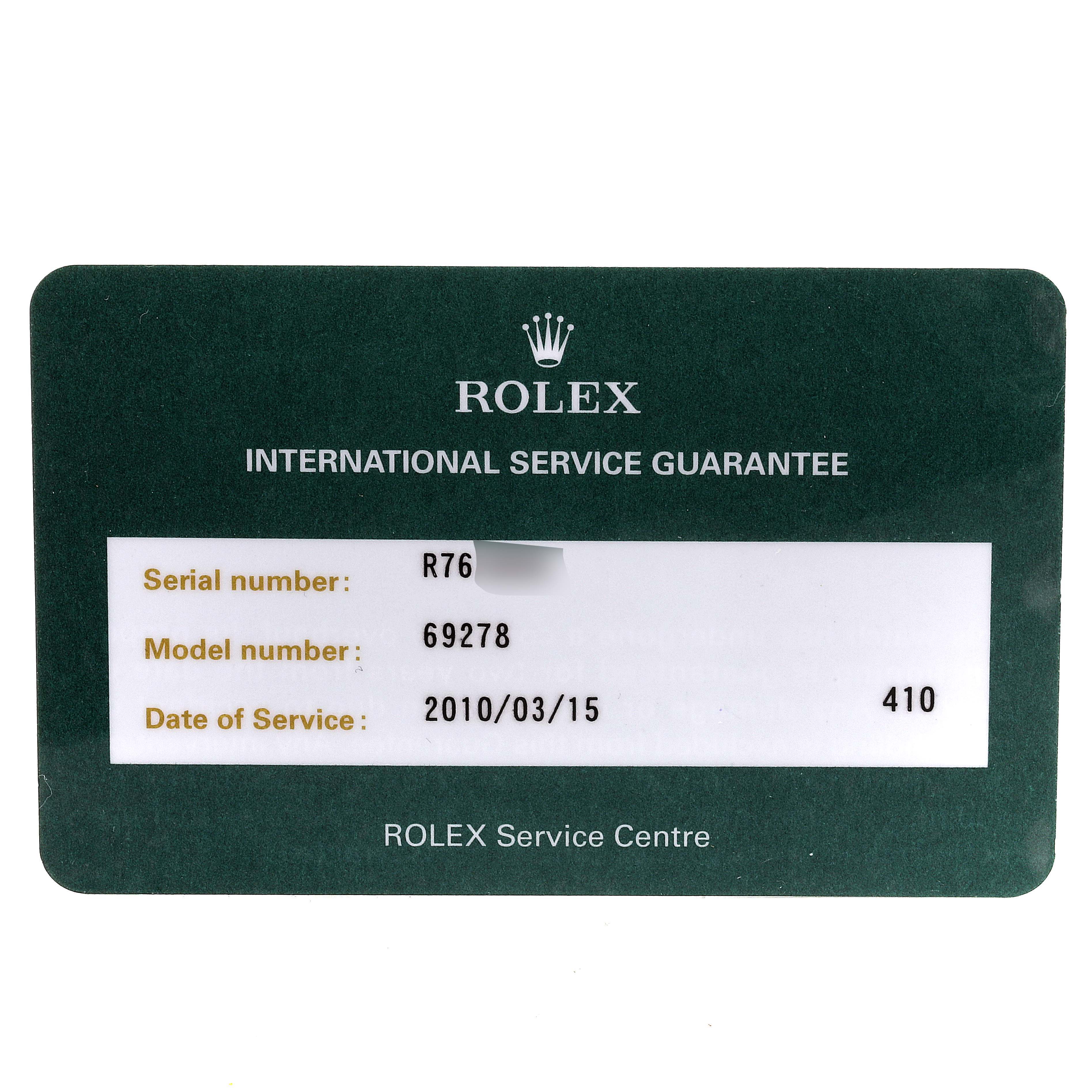 The image shows an International Service Guarantee card for a Rolex President 69278 Women
s Yellow Gold Champagne Dial 69278 Women
s Yellow Gold Champagne Dial model watch, displaying the serial, model numbers, and service date.
