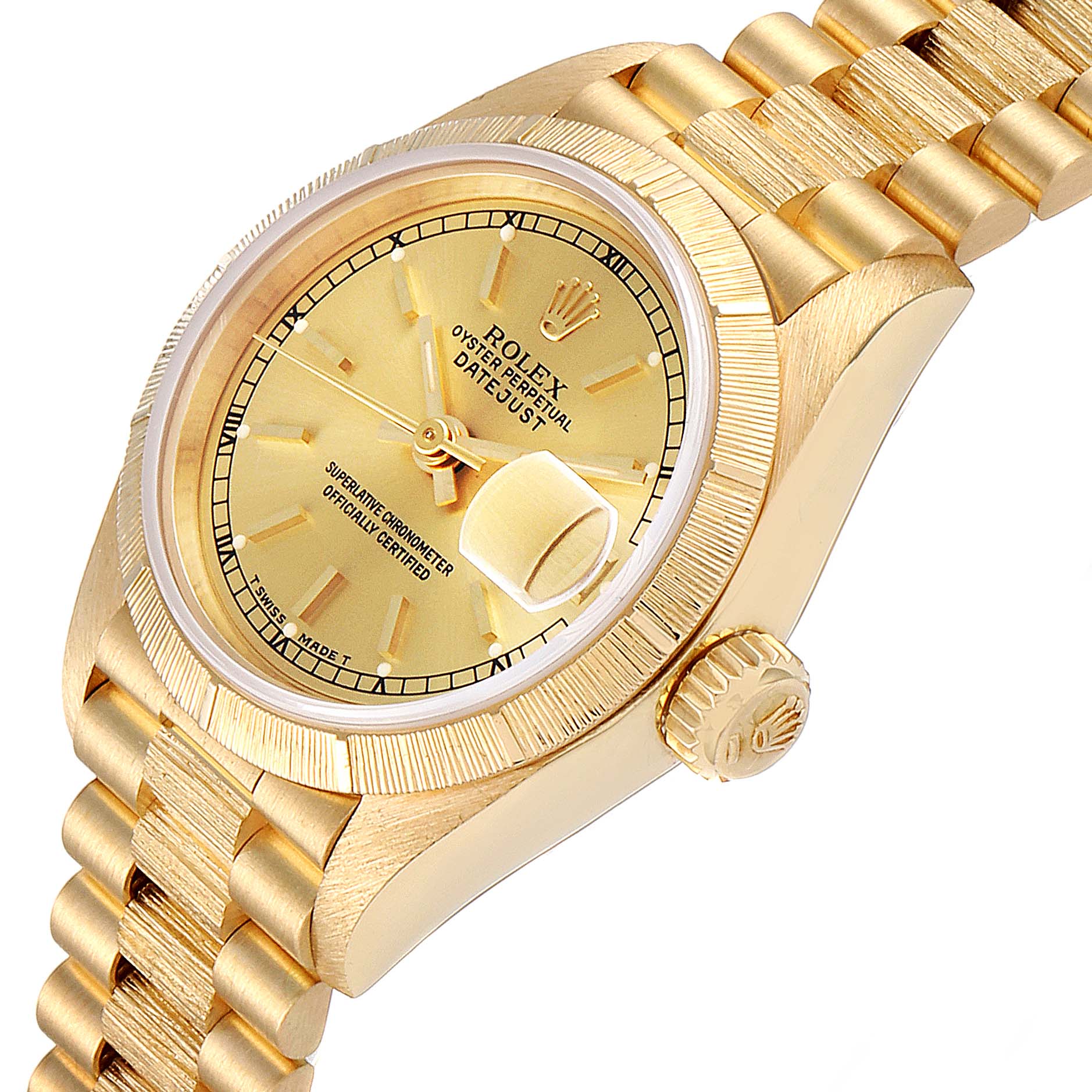 This image shows a Rolex President 69278 Women
s Yellow Gold Champagne Dial 69278 Women
s Yellow Gold Champagne Dial model watch at an angle highlighting the face, bezel, crown, and part of the bracelet.