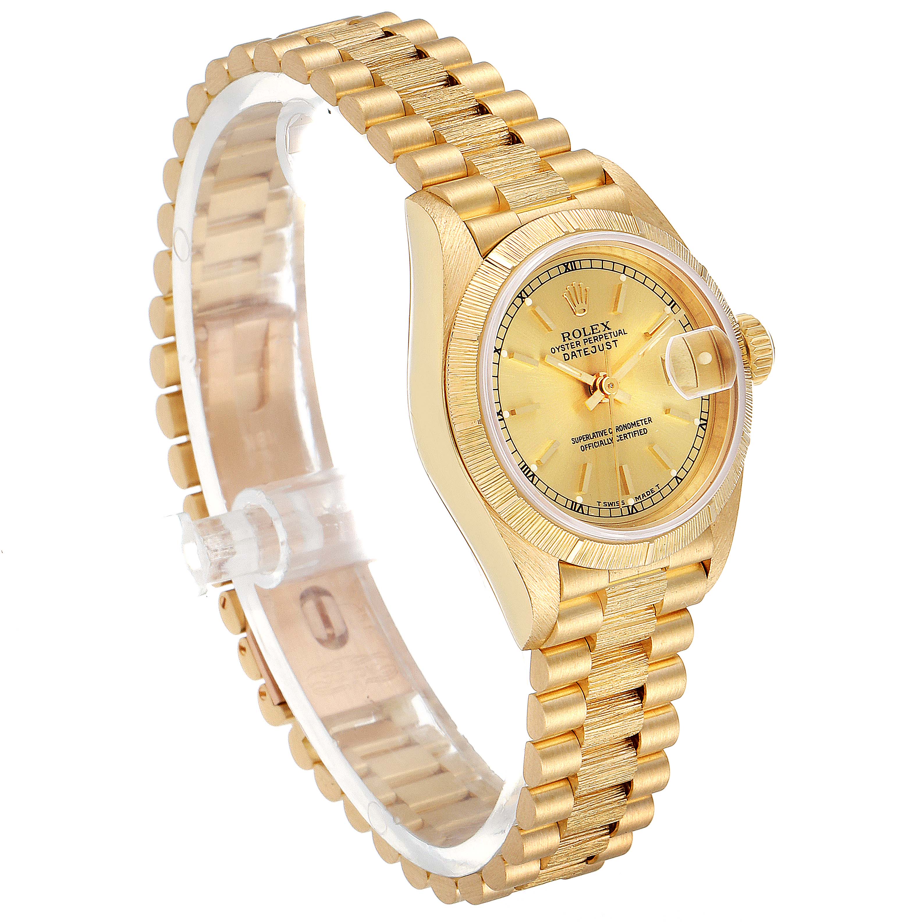 This image shows a Rolex President 69278 Women
s Yellow Gold Champagne Dial 69278 Women
s Yellow Gold Champagne Dial model watch from a 3/4 angle featuring the face, case, crown, and bracelet.