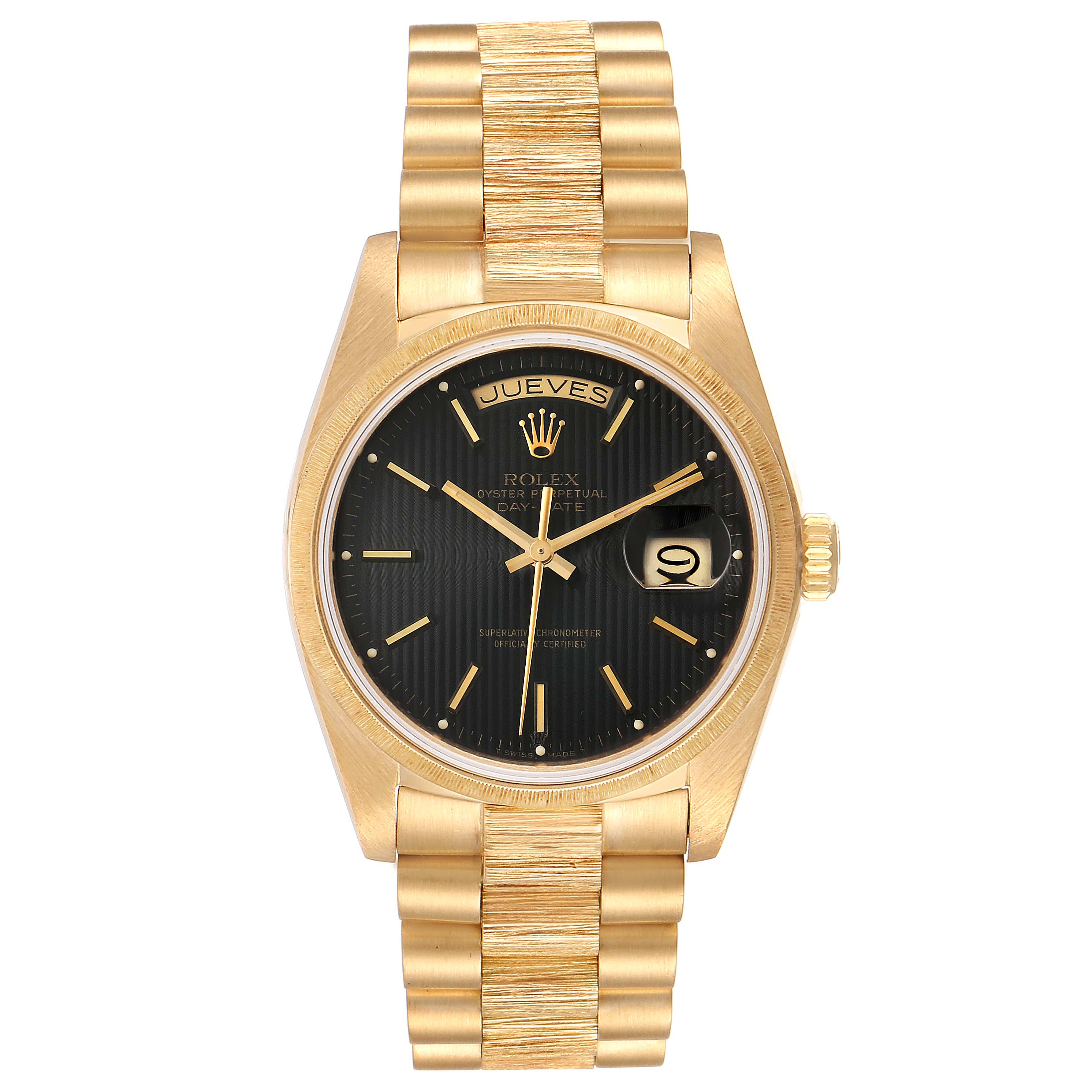 The image shows a Rolex President 18078 Men
s Yellow Gold Black Dial 18078 Men
s Yellow Gold Black Dial model watch from a front angle, displaying its gold bracelet, black dial, and day-date feature.