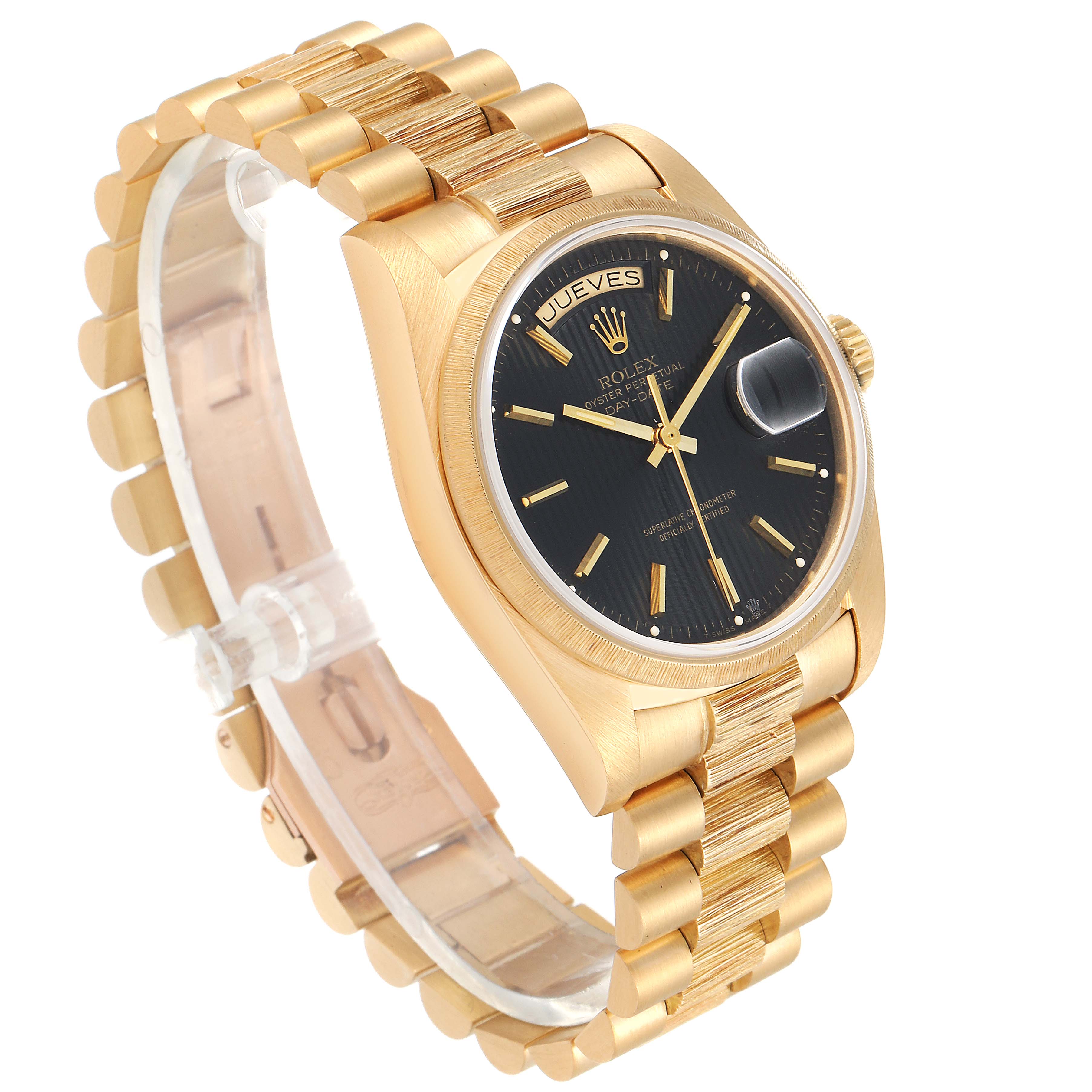 The Rolex President 18078 Men
s Yellow Gold Black Dial 18078 Men
s Yellow Gold Black Dial model watch is shown at an angled view, with focus on the face, bezel, and oyster bracelet.