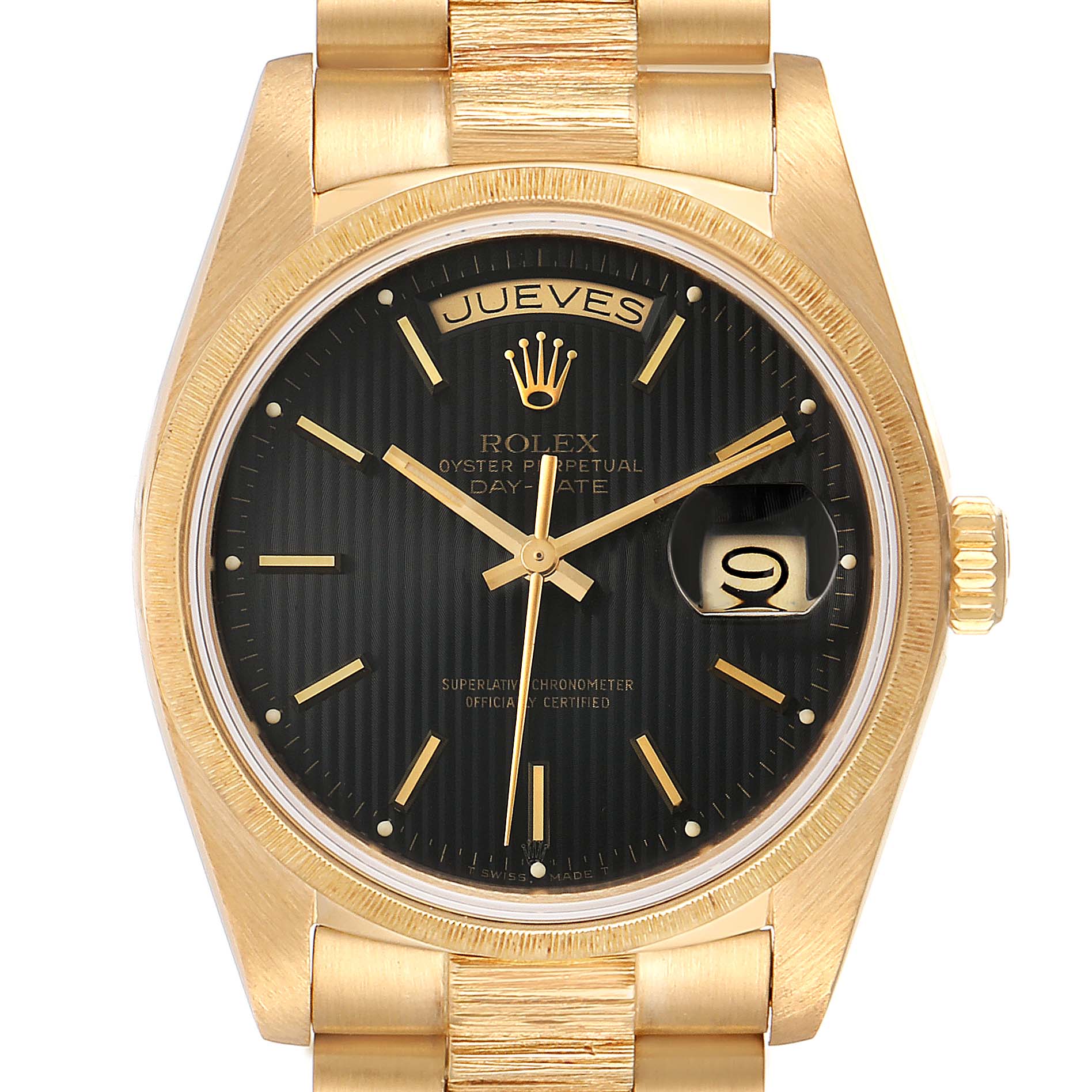 This image shows a front view of the Rolex President 18078 Men
s Yellow Gold Black Dial 18078 Men
s Yellow Gold Black Dial model, displaying the watch face, bezel, crown, and part of the bracelet.