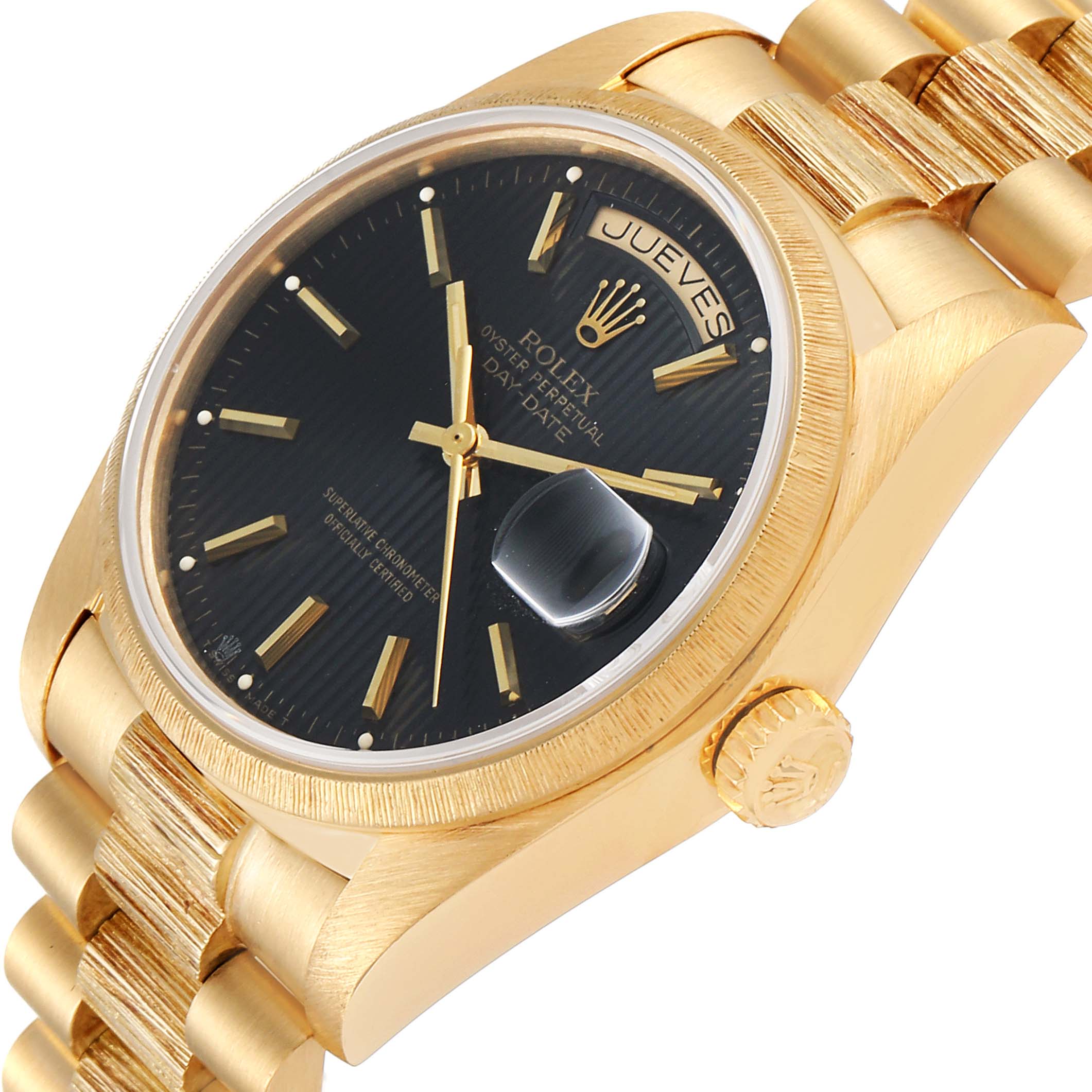 The image shows a close-up, angled view of a Rolex President 18078 Men
s Yellow Gold Black Dial 18078 Men
s Yellow Gold Black Dial watch, highlighting the black dial, day/date function, bezel, and bracelet.