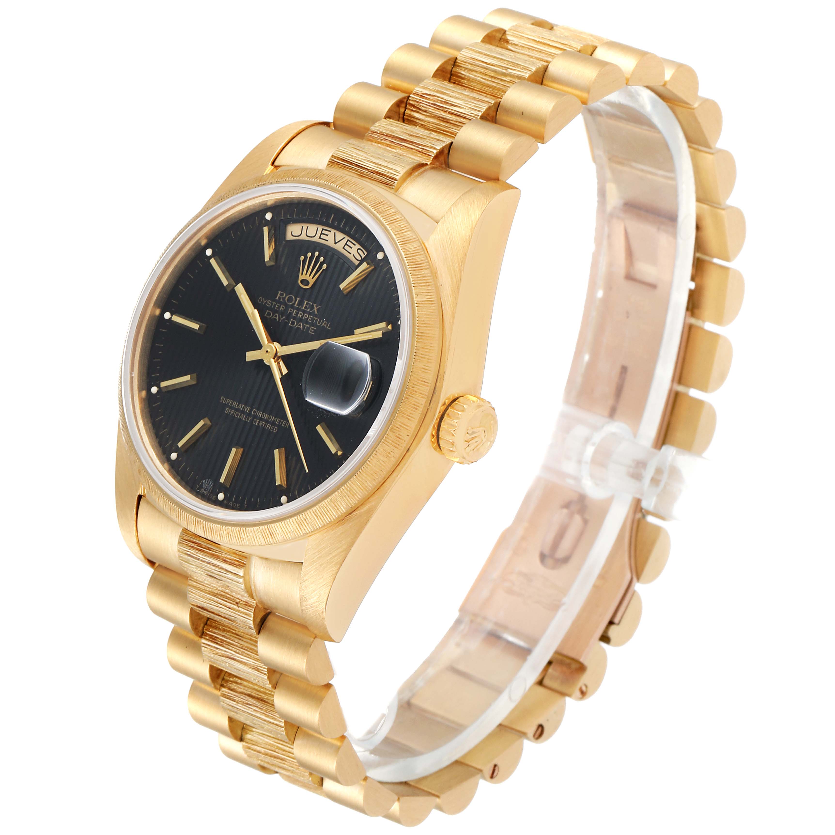 This image shows a side-angle view of the Rolex President 18078 Men
s Yellow Gold Black Dial 18078 Men
s Yellow Gold Black Dial model watch, highlighting the face, crown, and bracelet.