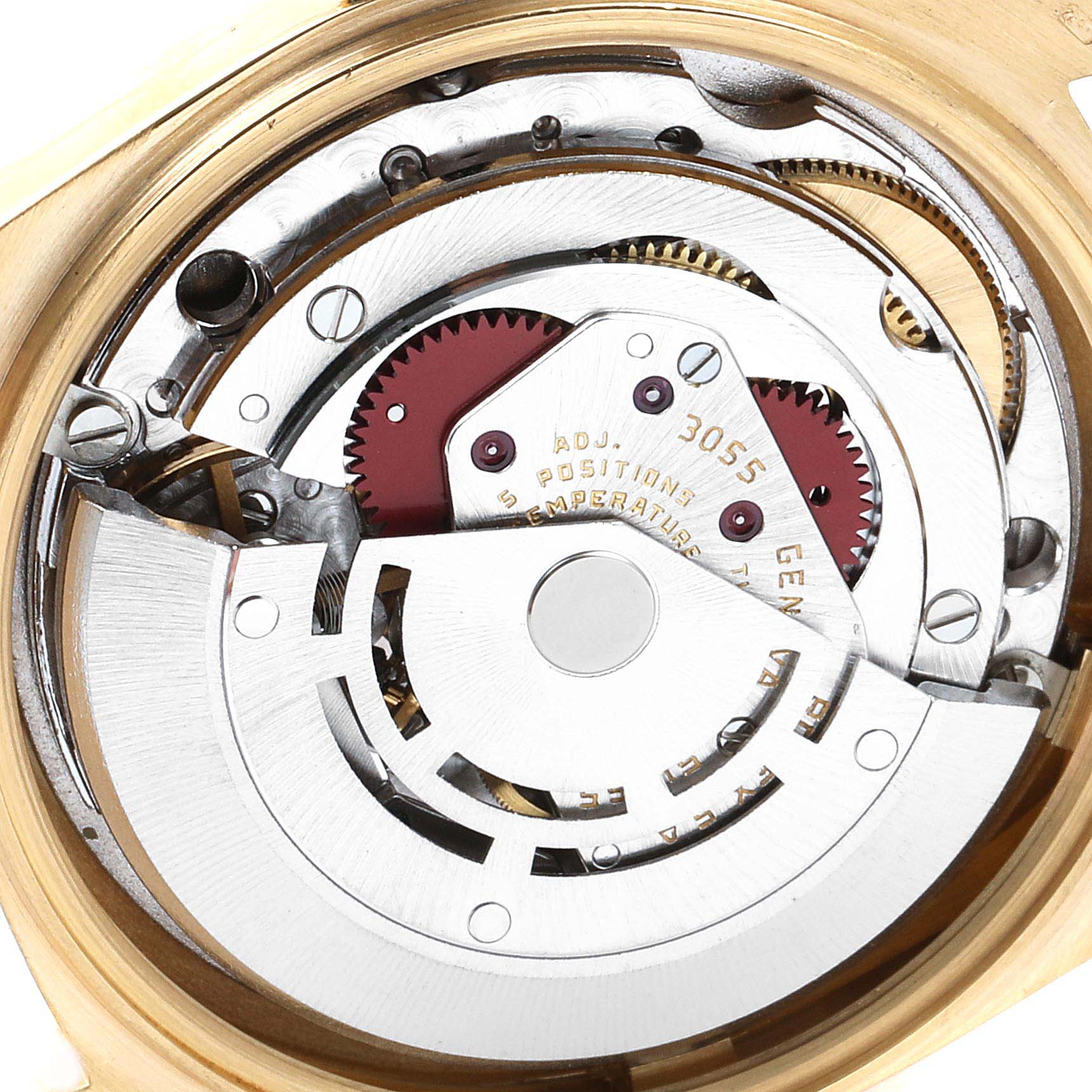 The image displays the internal mechanism and movement of the Rolex President 18078 Men
s Yellow Gold Black Dial 18078 Men
s Yellow Gold Black Dial watch model viewed from the back.