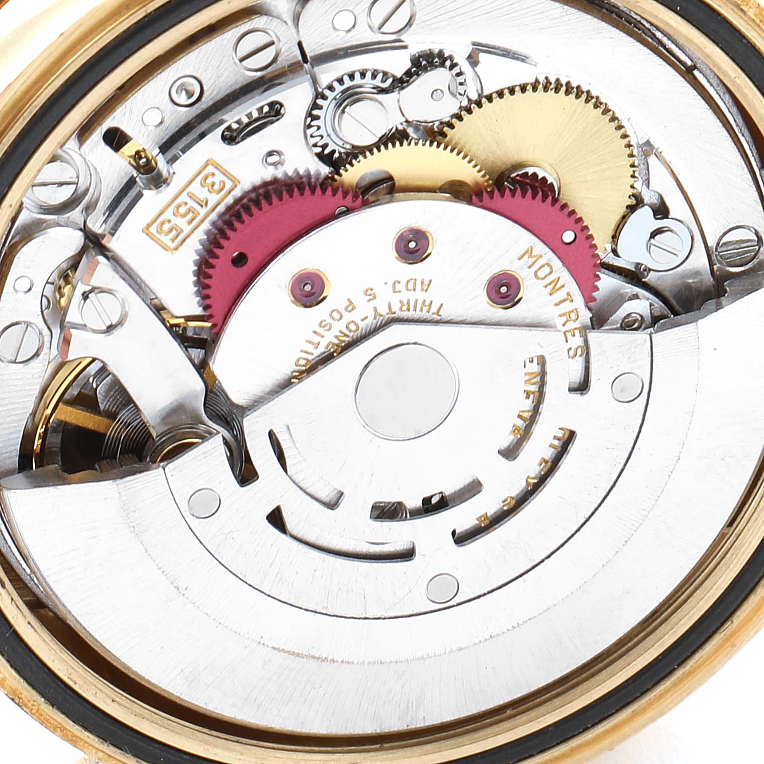 This image shows a close-up of the internal mechanical parts of the Rolex President 118238 Men
s Yellow Gold Champagne Dial 118238 Men
s Yellow Gold Champagne Dial model watch.