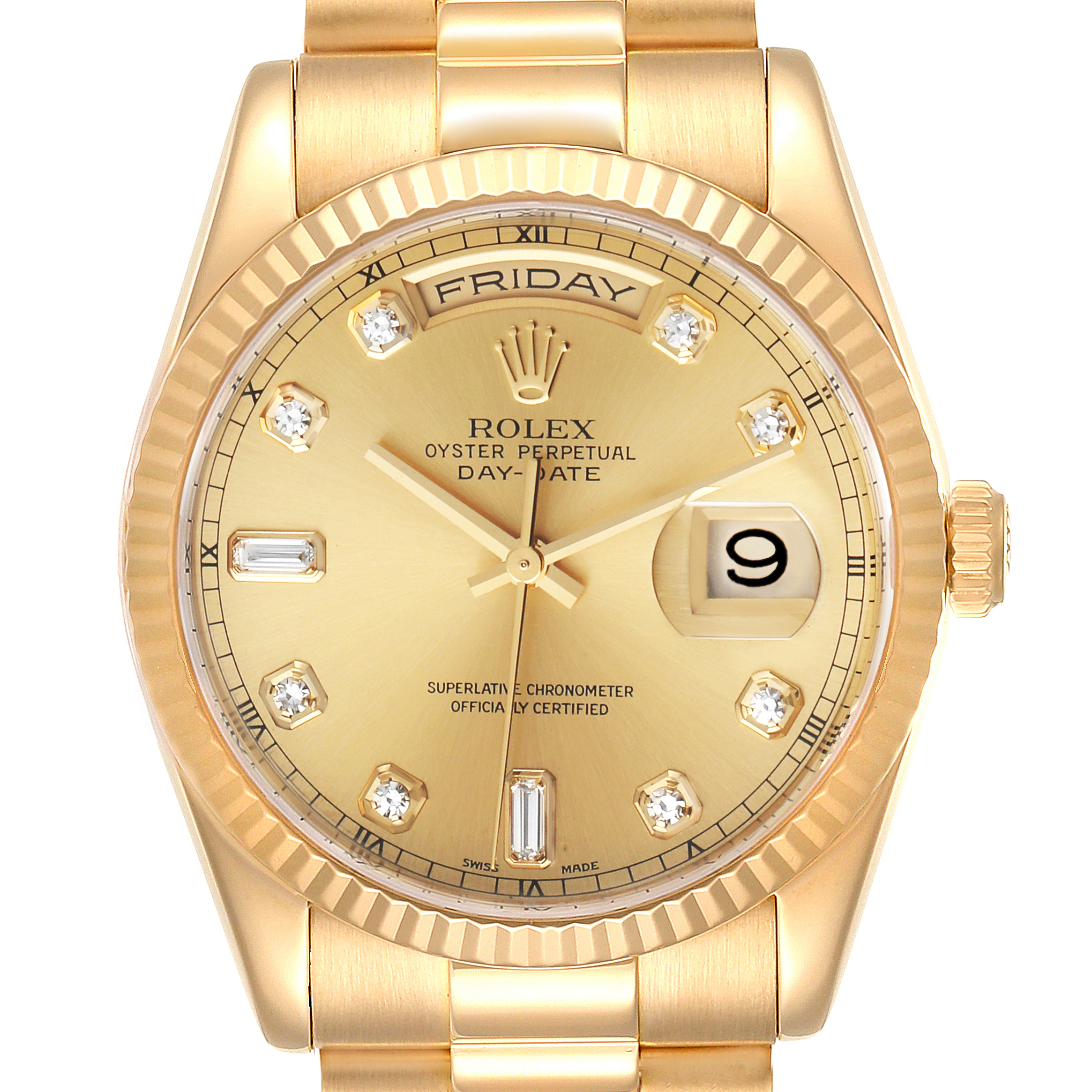 This Rolex President 118238 Men
s Yellow Gold Champagne Dial 118238 Men
s Yellow Gold Champagne Dial model watch is shown from a front angle, highlighting the dial, hands, date, and bracelet.