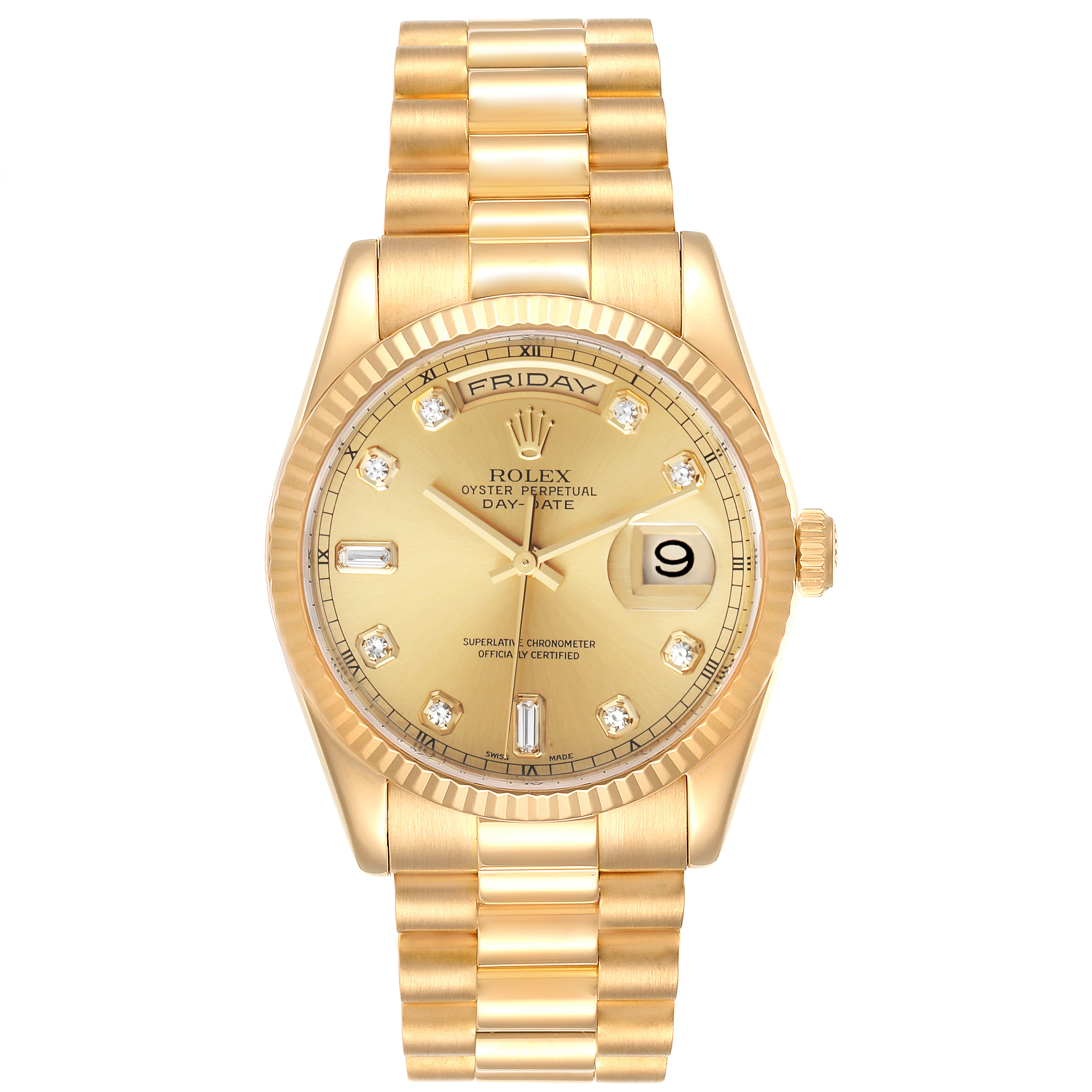 The image shows a front view of a Rolex President 118238 Men
s Yellow Gold Champagne Dial 118238 Men
s Yellow Gold Champagne Dial model, highlighting the dial, bezel, day and date display, and bracelet.