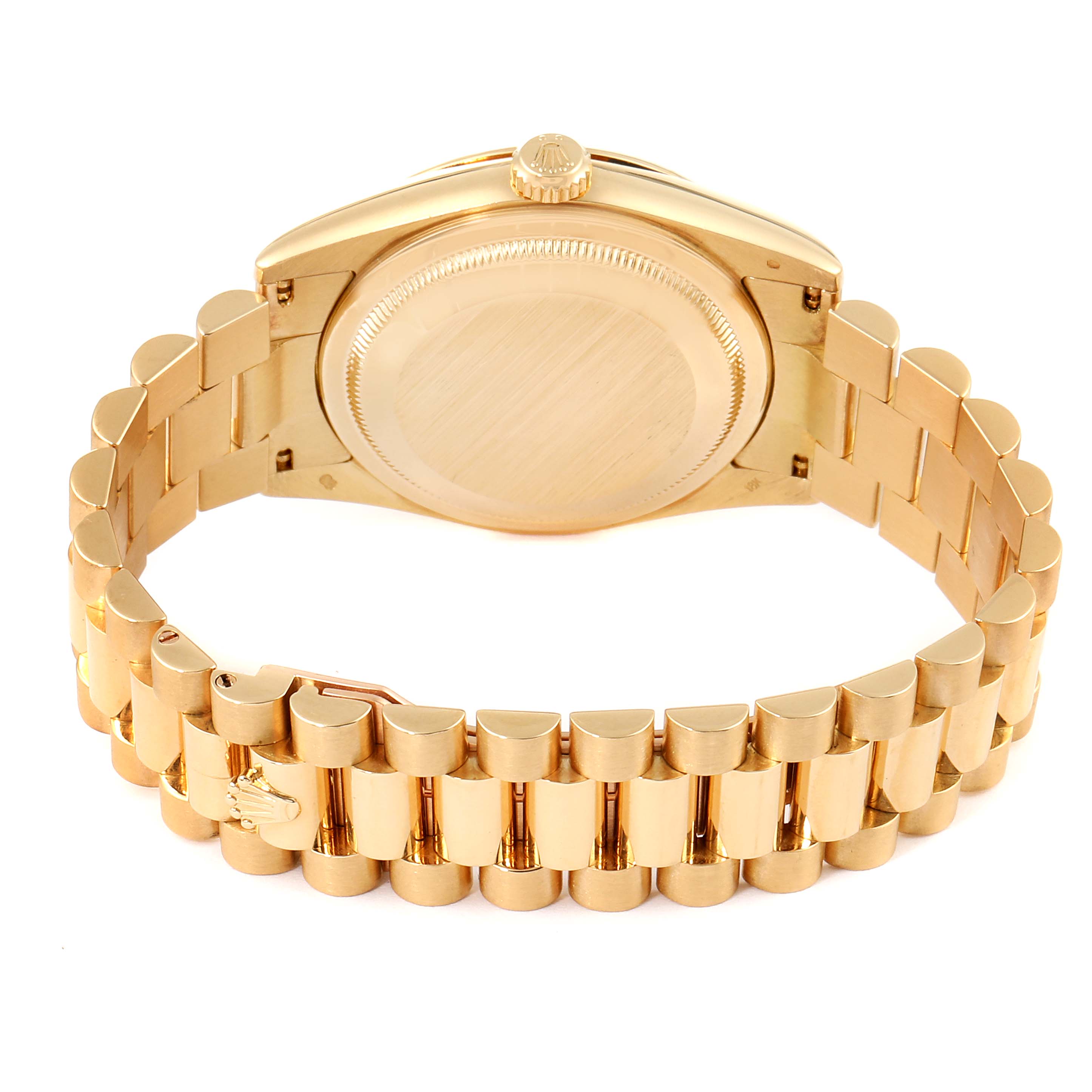 The image shows the back view of a Rolex President 118238 Men
s Yellow Gold Champagne Dial 118238 Men
s Yellow Gold Champagne Dial model watch, focusing on the bracelet and case back.