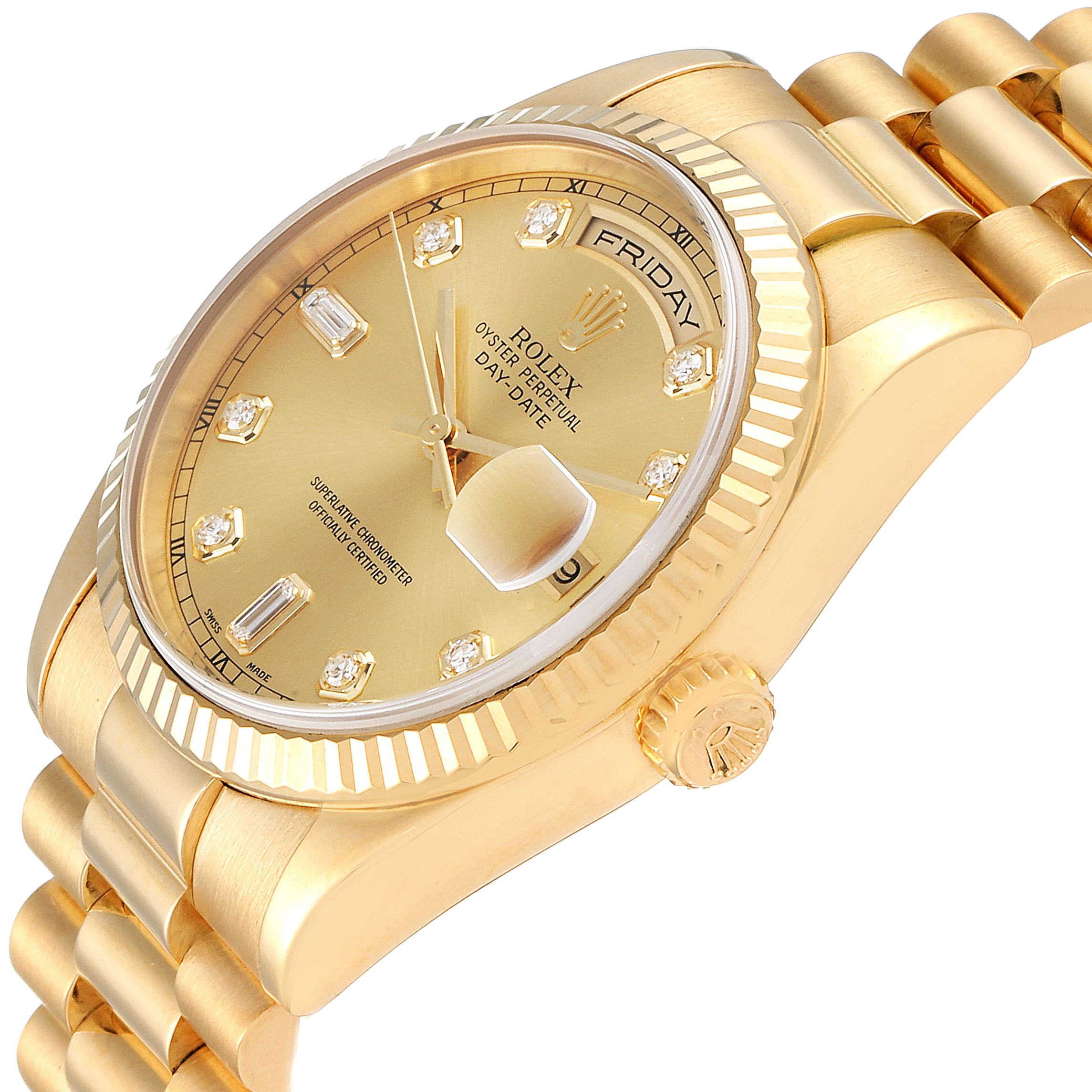 This image shows a close-up angle of the Rolex President 118238 Men
s Yellow Gold Champagne Dial 118238 Men
s Yellow Gold Champagne Dial model watch, focusing on the gold dial, crown, and part of the bracelet.