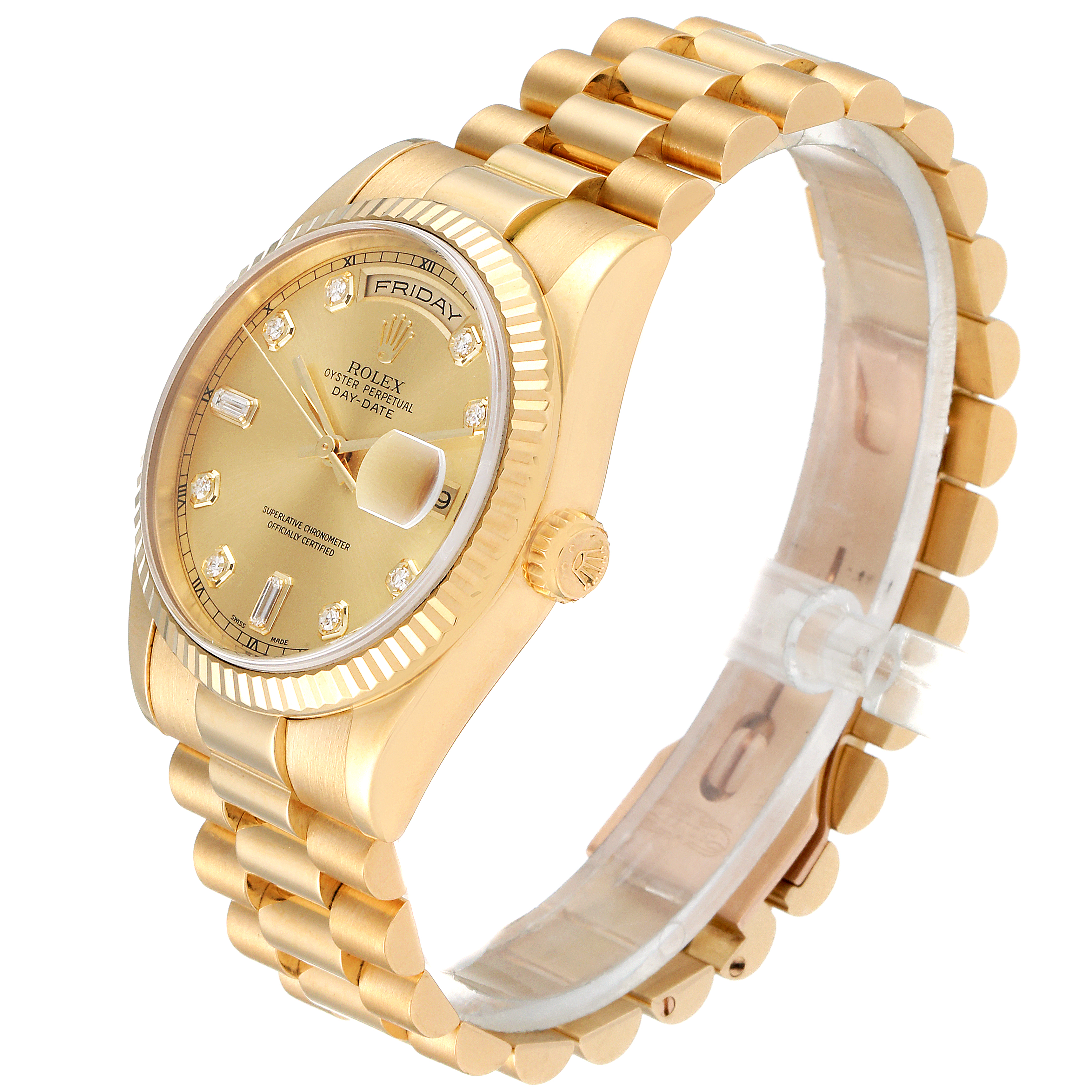 The image shows a Rolex President 118238 Men
s Yellow Gold Champagne Dial 118238 Men
s Yellow Gold Champagne Dial model watch at an angled side view, highlighting the dial, bezel, bracelet, and crown.