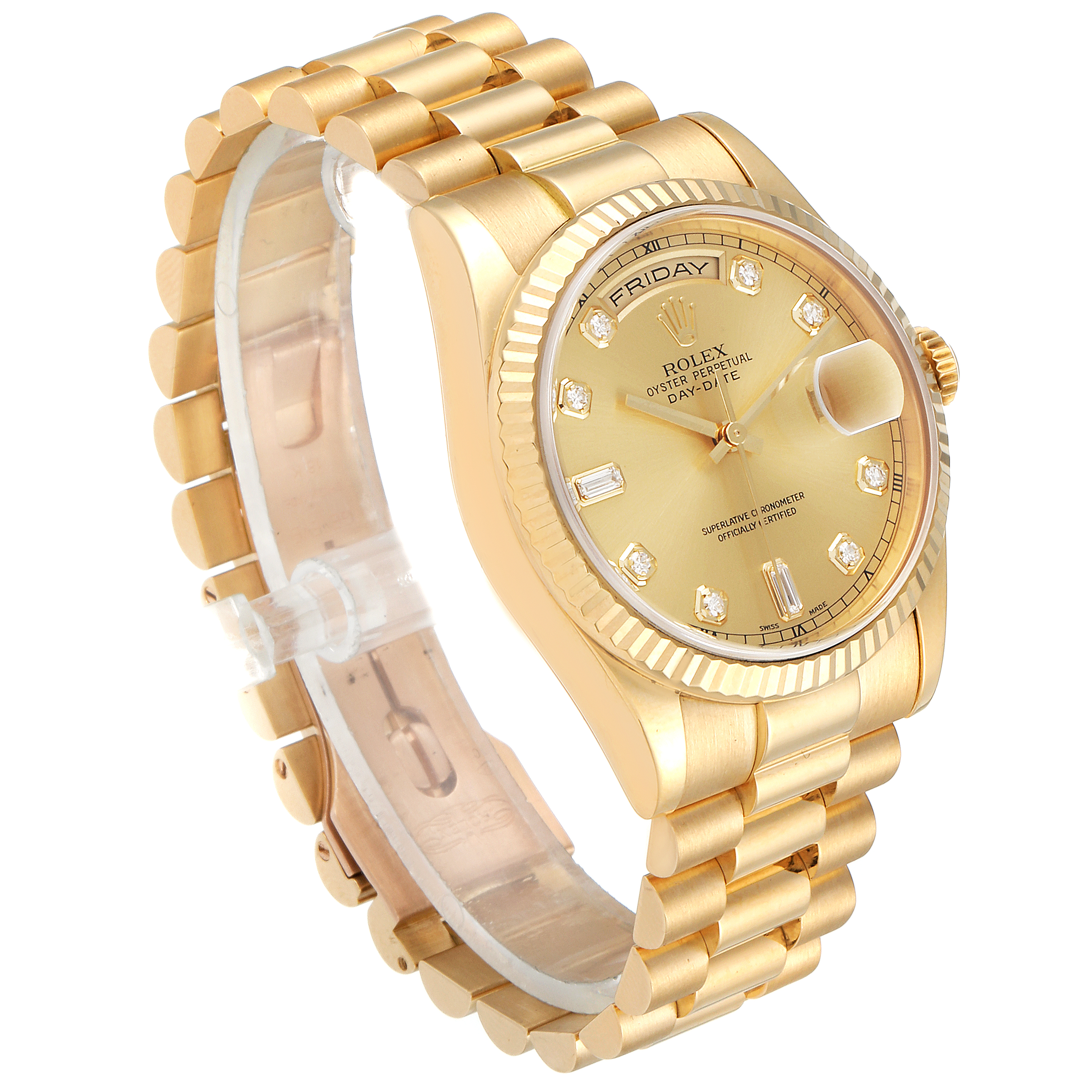 This image shows a gold Rolex President 118238 Men
s Yellow Gold Champagne Dial 118238 Men
s Yellow Gold Champagne Dial model watch at a slight angle, highlighting the dial, bracelet, and fluted bezel.