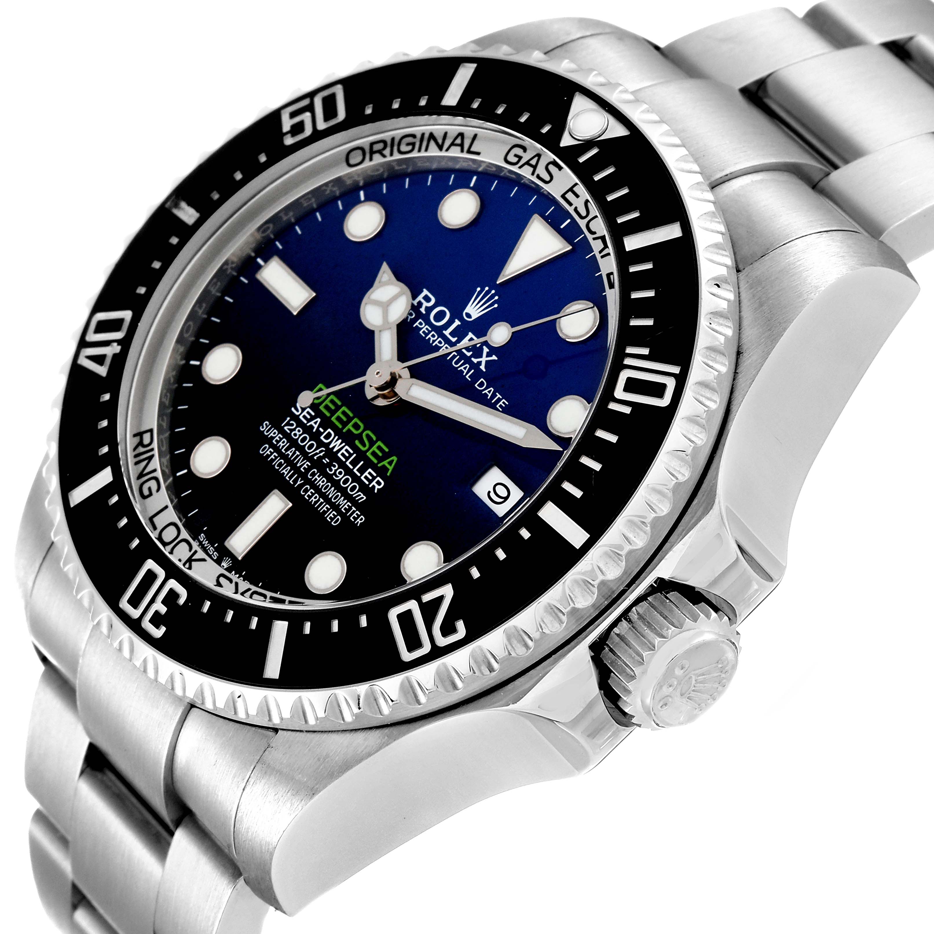 The image shows a close-up side angle of the Rolex Sea-Dweller 126660 Men's Stainless Steel Blue Dial 126660 Men's Stainless Steel Blue Dial, highlighting the dial, bezel, crown, and bracelet.