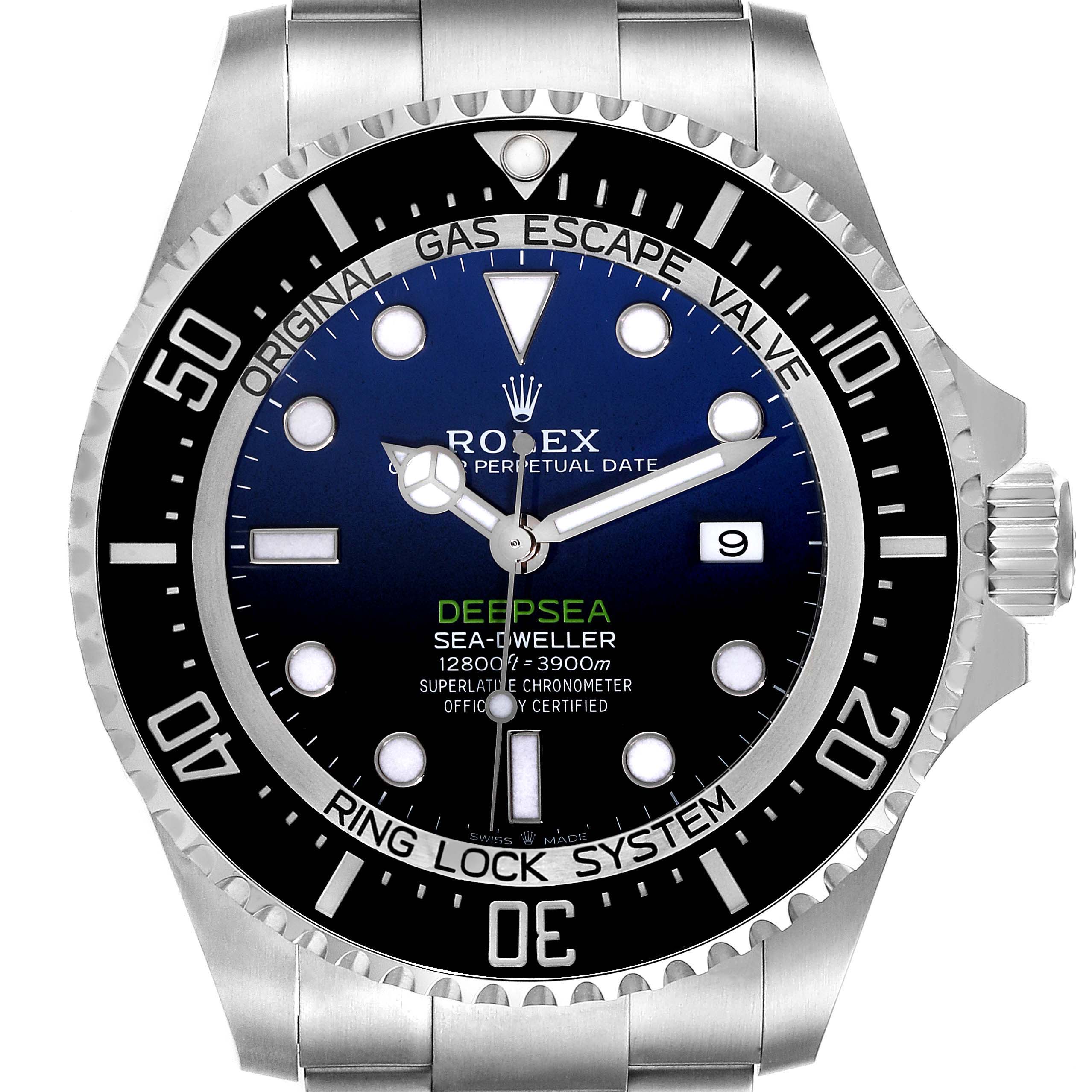 The image shows a front view of the Rolex Sea-Dweller 126660 Men's Stainless Steel Blue Dial 126660 Men's Stainless Steel Blue Dial Deepsea watch, highlighting its dial, bezel, and crown.