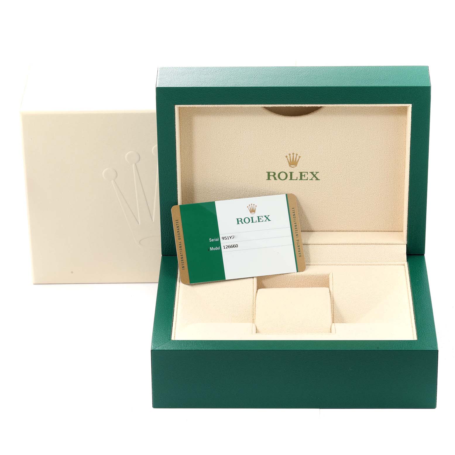 The image shows the open box and warranty card for a Rolex Sea-Dweller 126660 Men's Stainless Steel Blue Dial 126660 Men's Stainless Steel Blue Dial model 126660.