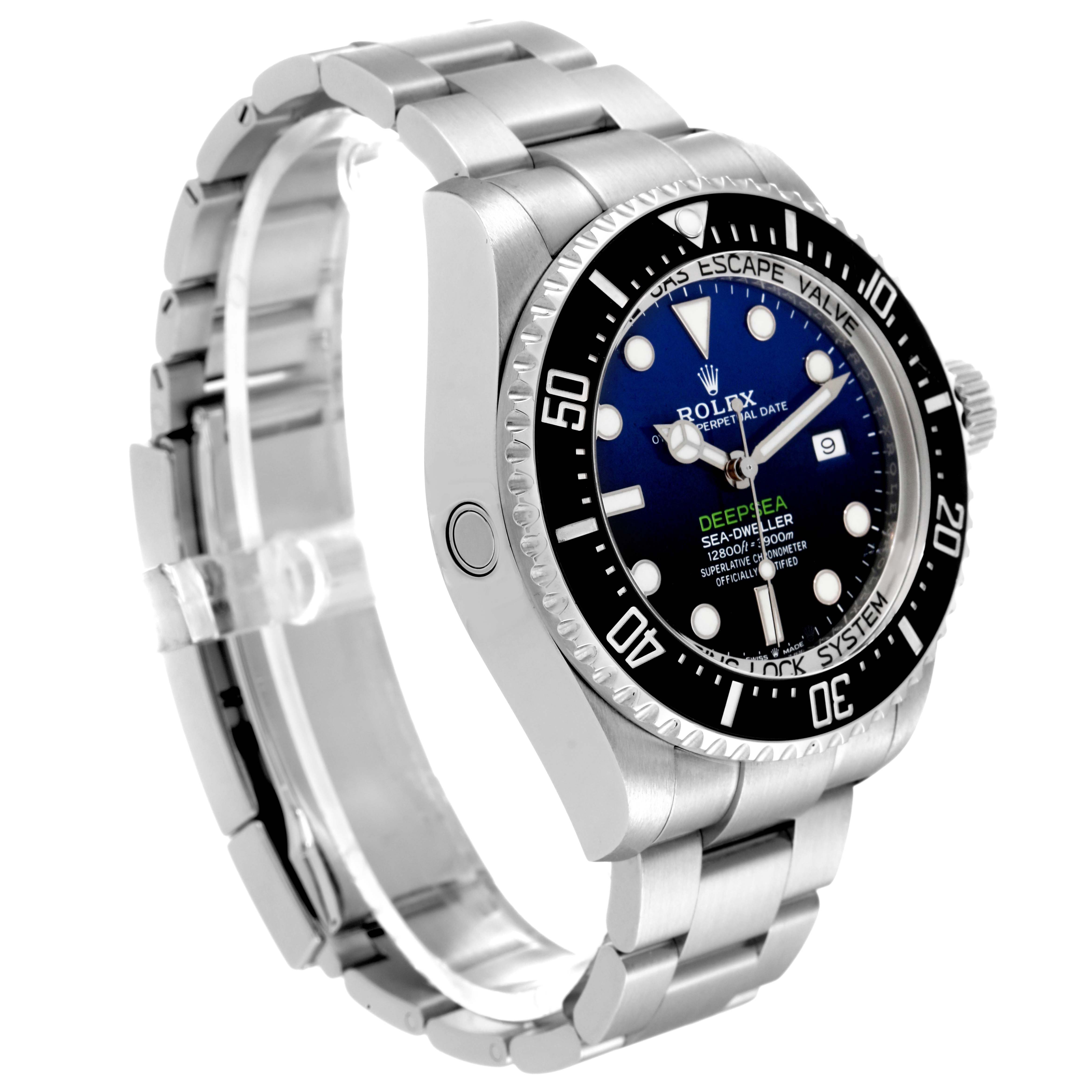 The photo shows a side view of the Rolex Sea-Dweller 126660 Men's Stainless Steel Blue Dial 126660 Men's Stainless Steel Blue Dial with its bracelet, case, bezel, and dial clearly visible.
