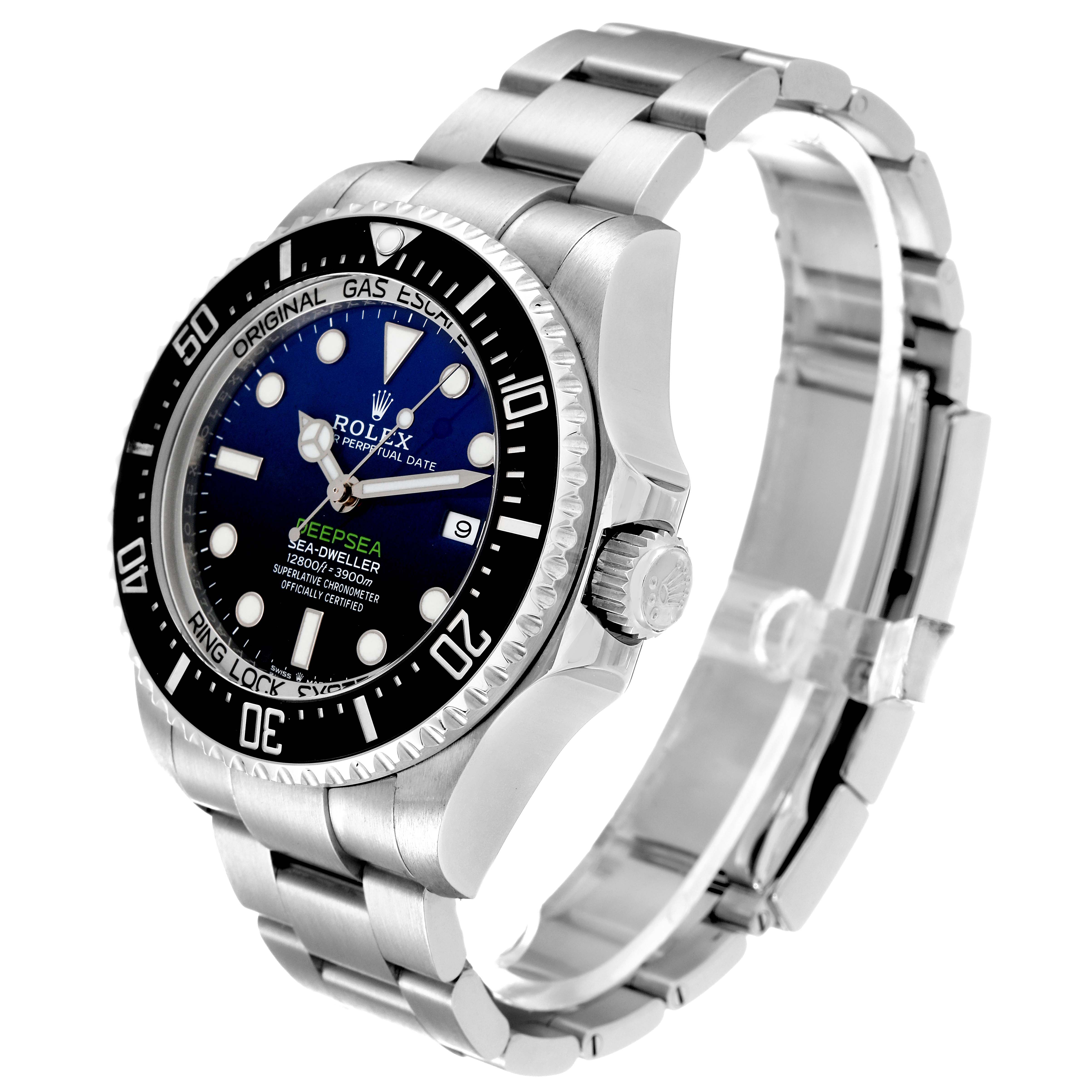The Rolex Sea-Dweller 126660 Men's Stainless Steel Blue Dial 126660 Men's Stainless Steel Blue Dial watch is displayed at a three-quarter angle, showing its dial, bezel, crown, and bracelet.