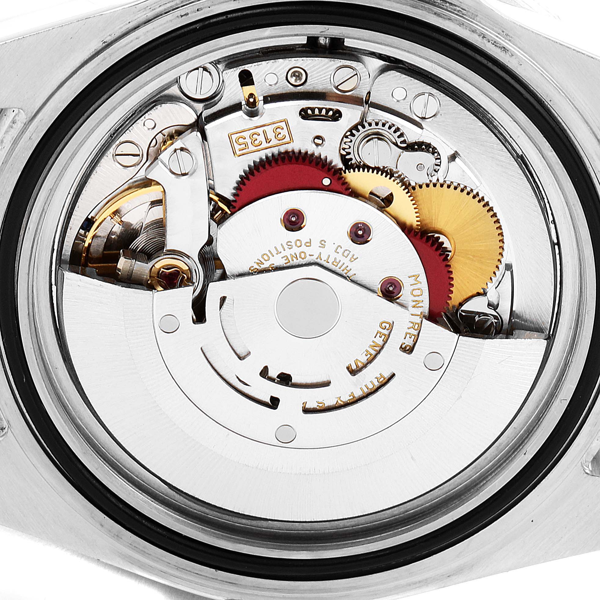 This image shows the internal movement mechanism of a Rolex Submariner 16613 Men's Steel and Gold (two tone) Black Dial 16613 Men's Steel and Gold (two tone) Black Dial watch from a top-down angle.