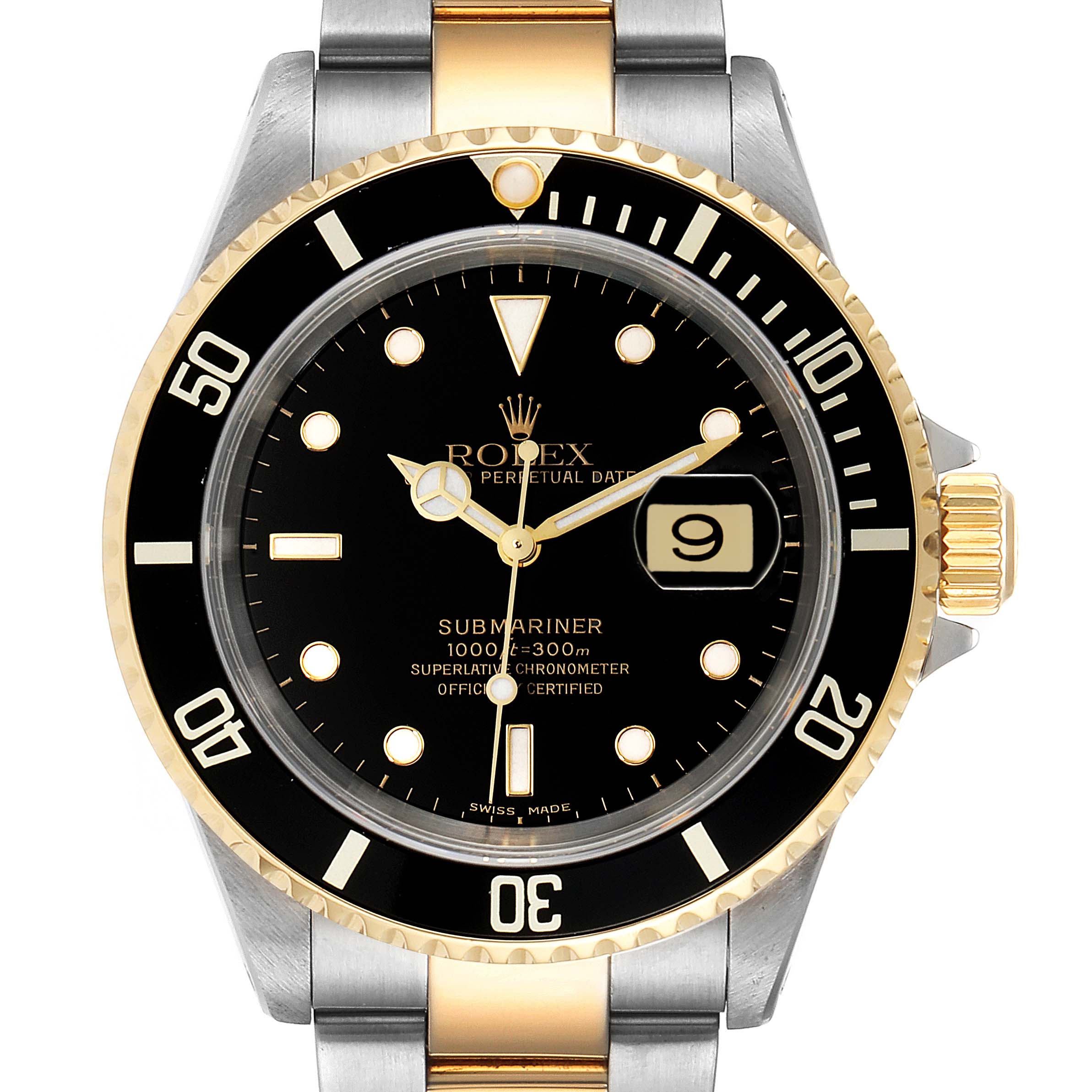 This image shows a front view of a Rolex Submariner 16613 Men's Steel and Gold (two tone) Black Dial 16613 Men's Steel and Gold (two tone) Black Dial watch, highlighting its black dial, bezel, date display, and two-tone bracelet.