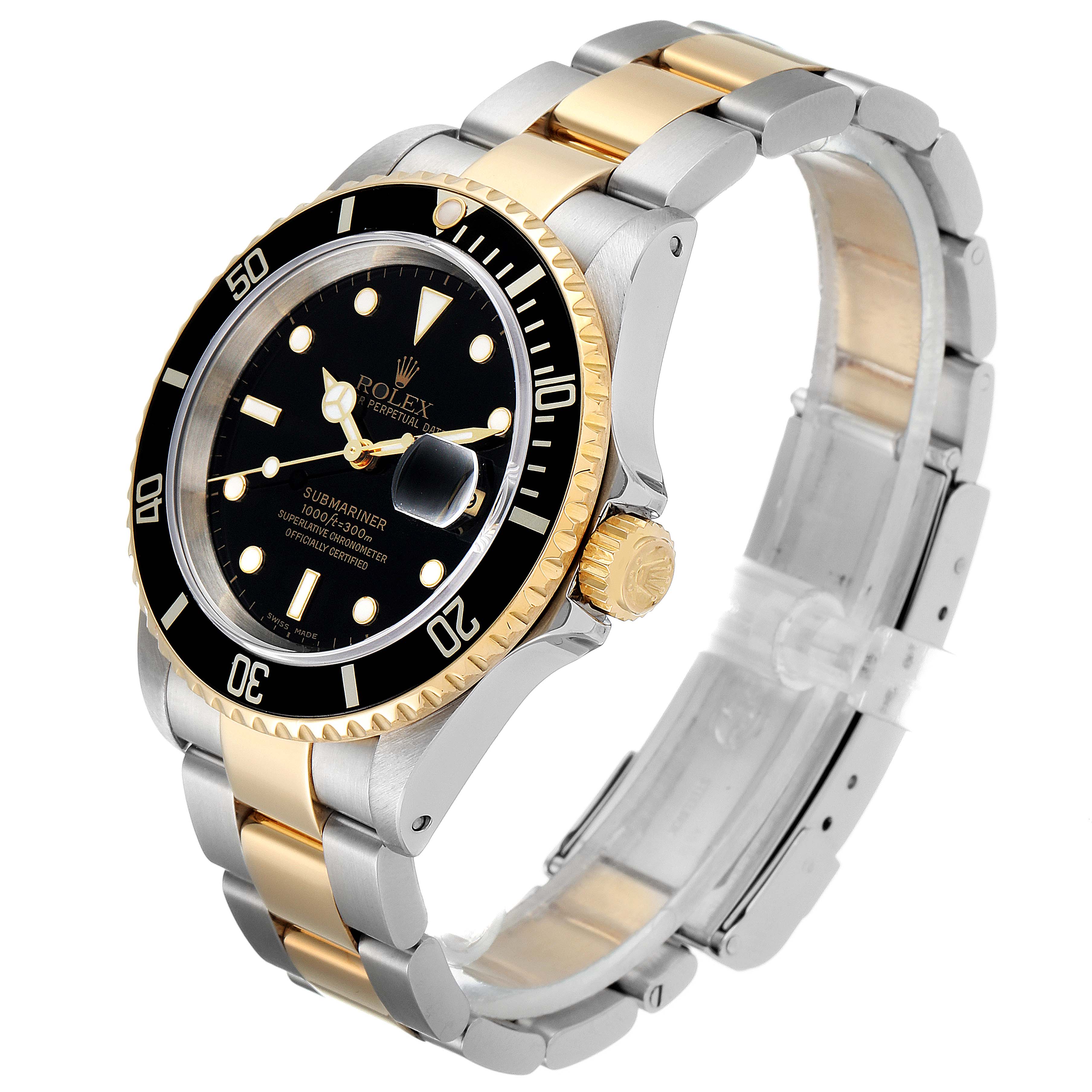 This image shows a Rolex Submariner 16613 Men's Steel and Gold (two tone) Black Dial 16613 Men's Steel and Gold (two tone) Black Dial watch at a three-quarter angle, highlighting the bezel, dial, crown, and two-tone bracelet.