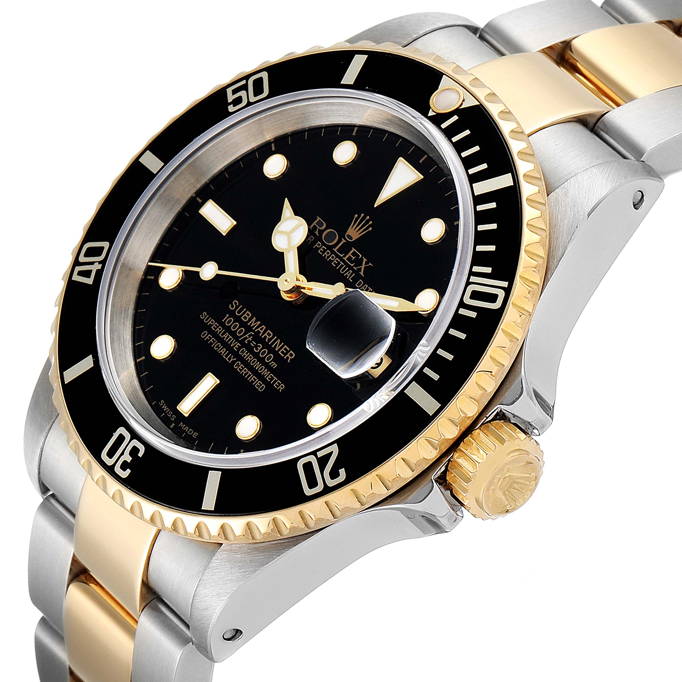 The image shows a Rolex Submariner 16613 Men's Steel and Gold (two tone) Black Dial 16613 Men's Steel and Gold (two tone) Black Dial watch from a slightly angled side view, highlighting its gold and stainless steel bracelet, bezel, and dial.