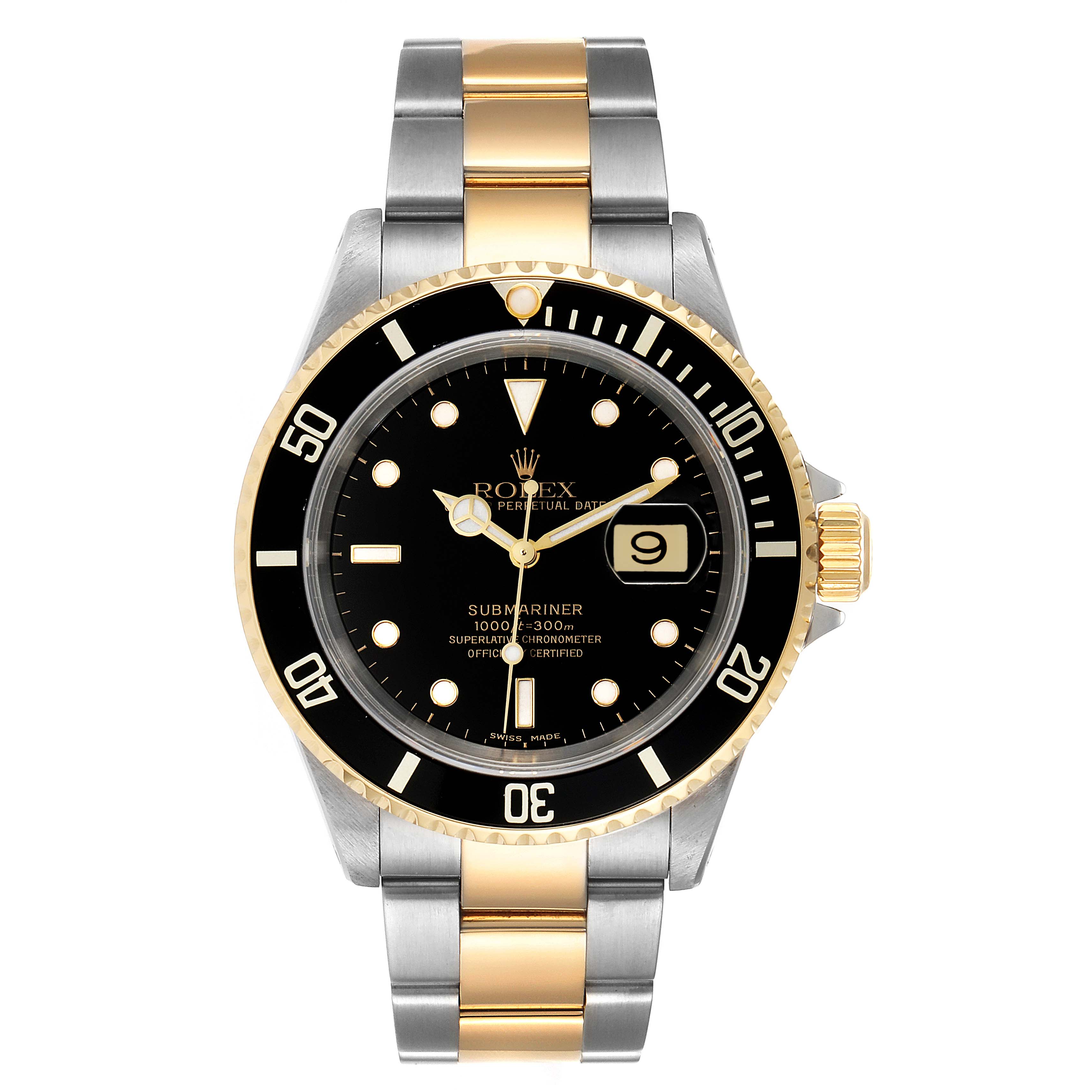 This image shows a front view of a Rolex Submariner 16613 Men's Steel and Gold (two tone) Black Dial 16613 Men's Steel and Gold (two tone) Black Dial, highlighting its black dial, gold accents, and the two-tone bracelet.