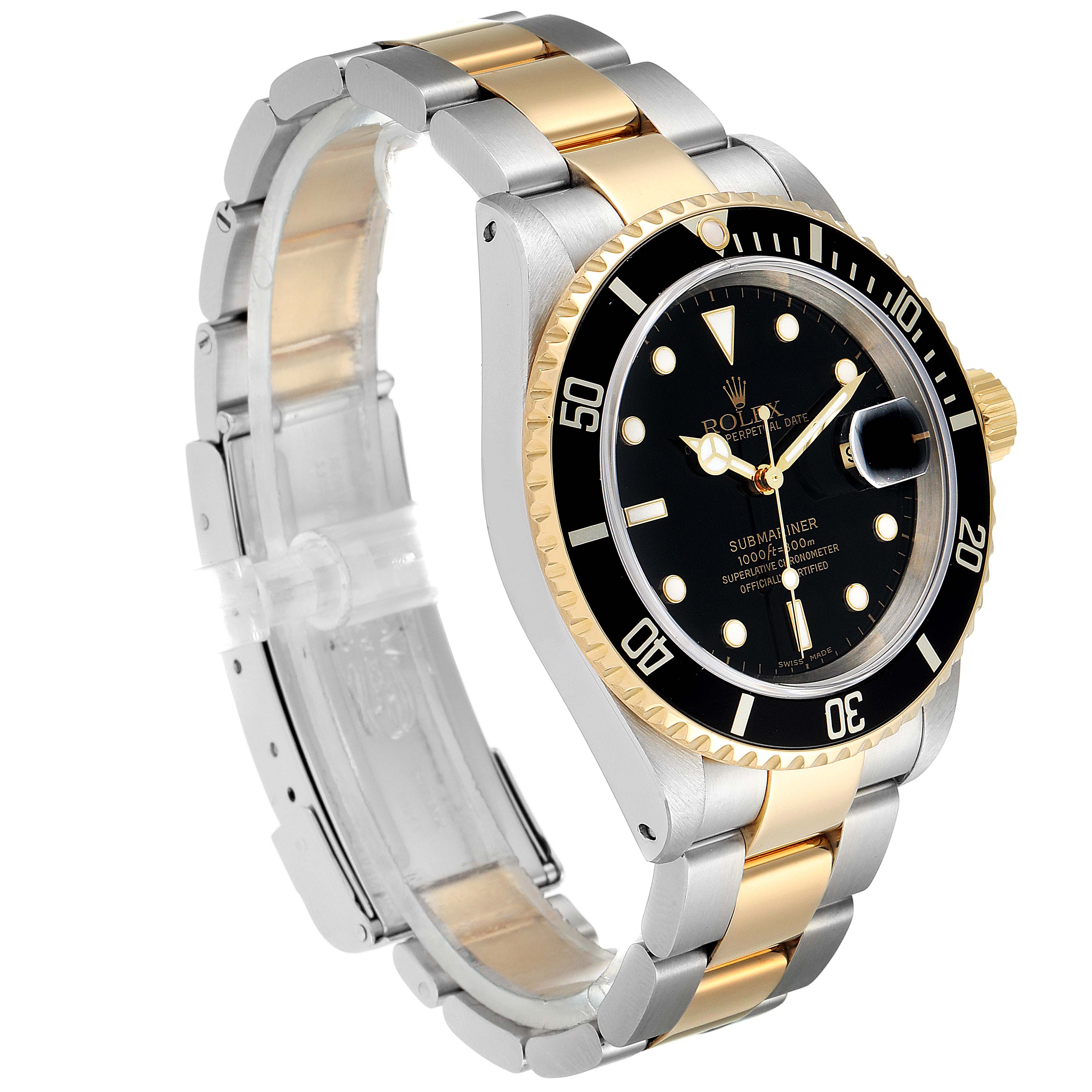 This Rolex Submariner 16613 Men's Steel and Gold (two tone) Black Dial 16613 Men's Steel and Gold (two tone) Black Dial is shown at an angled view, highlighting the dual-tone bracelet, black dial, and unidirectional bezel.