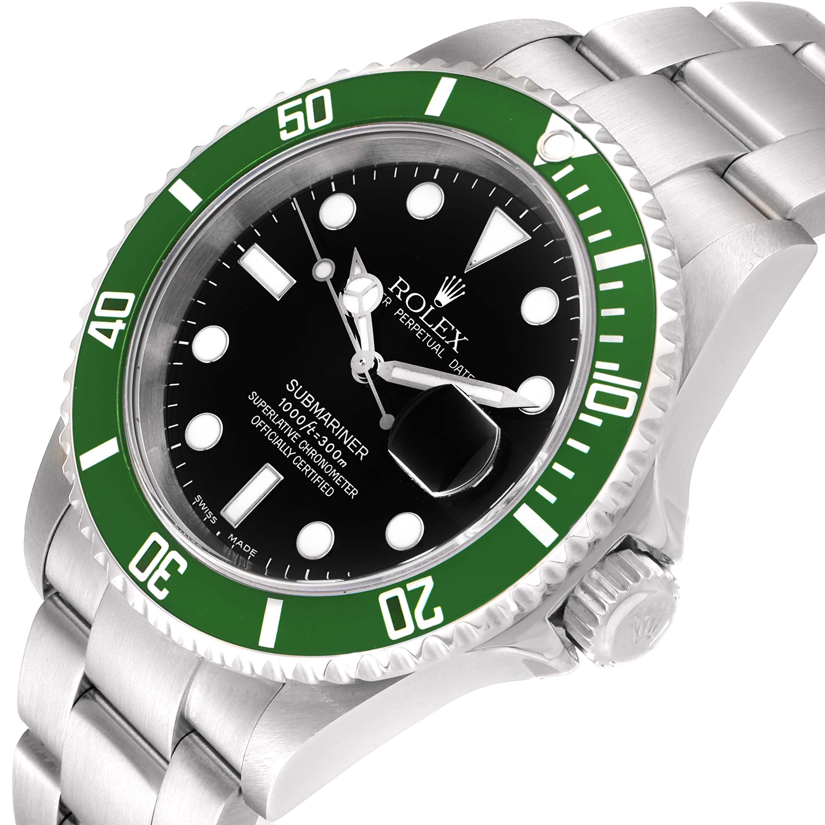 The Rolex Submariner 16610LV Men
s Stainless Steel Black Dial 16610LV Men
s Stainless Steel Black Dial watch is shown at a three-quarter angle highlighting the green bezel, black dial, crown, and stainless steel bracelet.