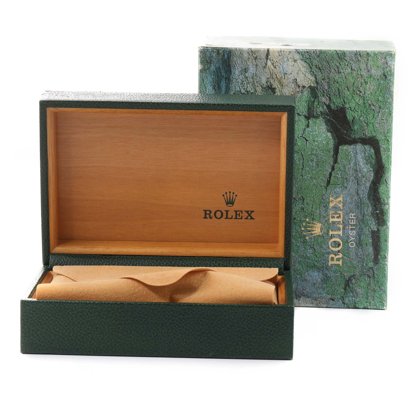 The image shows an open Rolex Submariner 16610LV Men
s Stainless Steel Black Dial 16610LV Men
s Stainless Steel Black Dial watch box with a green exterior, wooden interior, and Rolex Oyster branding on the outer packaging.