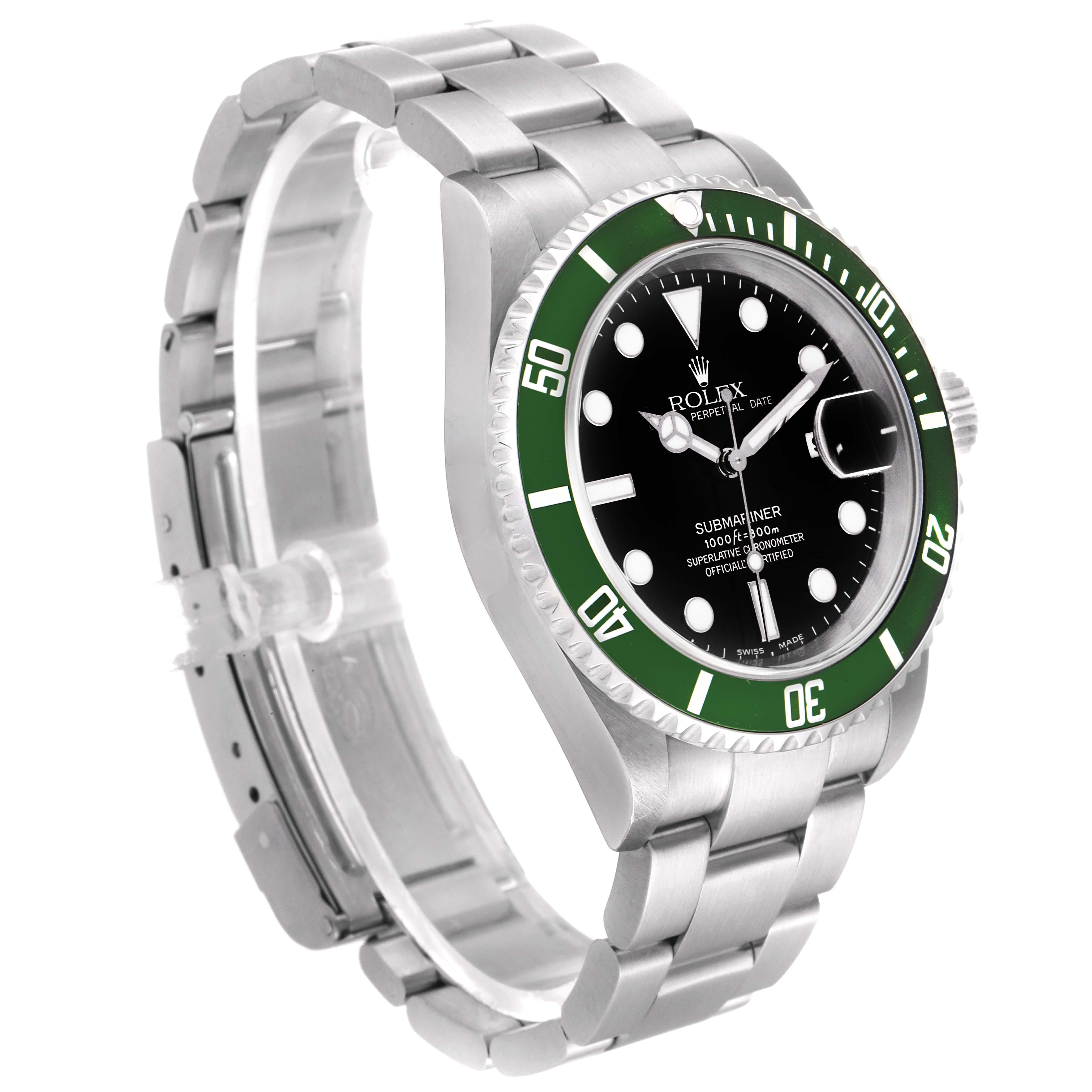 The image shows a Rolex Submariner 16610LV Men
s Stainless Steel Black Dial 16610LV Men
s Stainless Steel Black Dial watch at a three-quarter angle, displaying the face, bezel, case, and bracelet.