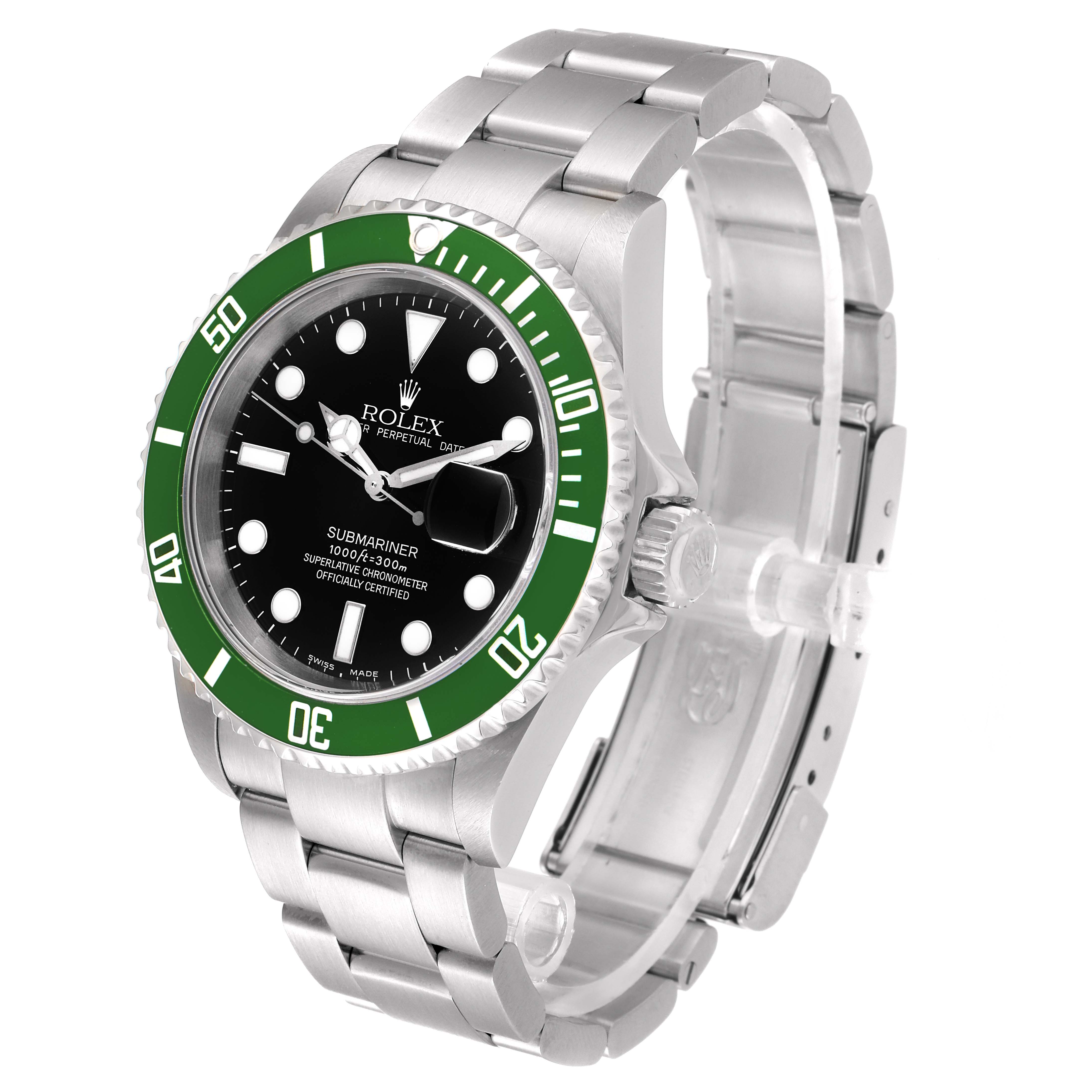 This image shows a Rolex Submariner 16610LV Men
s Stainless Steel Black Dial 16610LV Men
s Stainless Steel Black Dial watch at a front-left angle, highlighting its green bezel, black dial, and stainless steel bracelet.