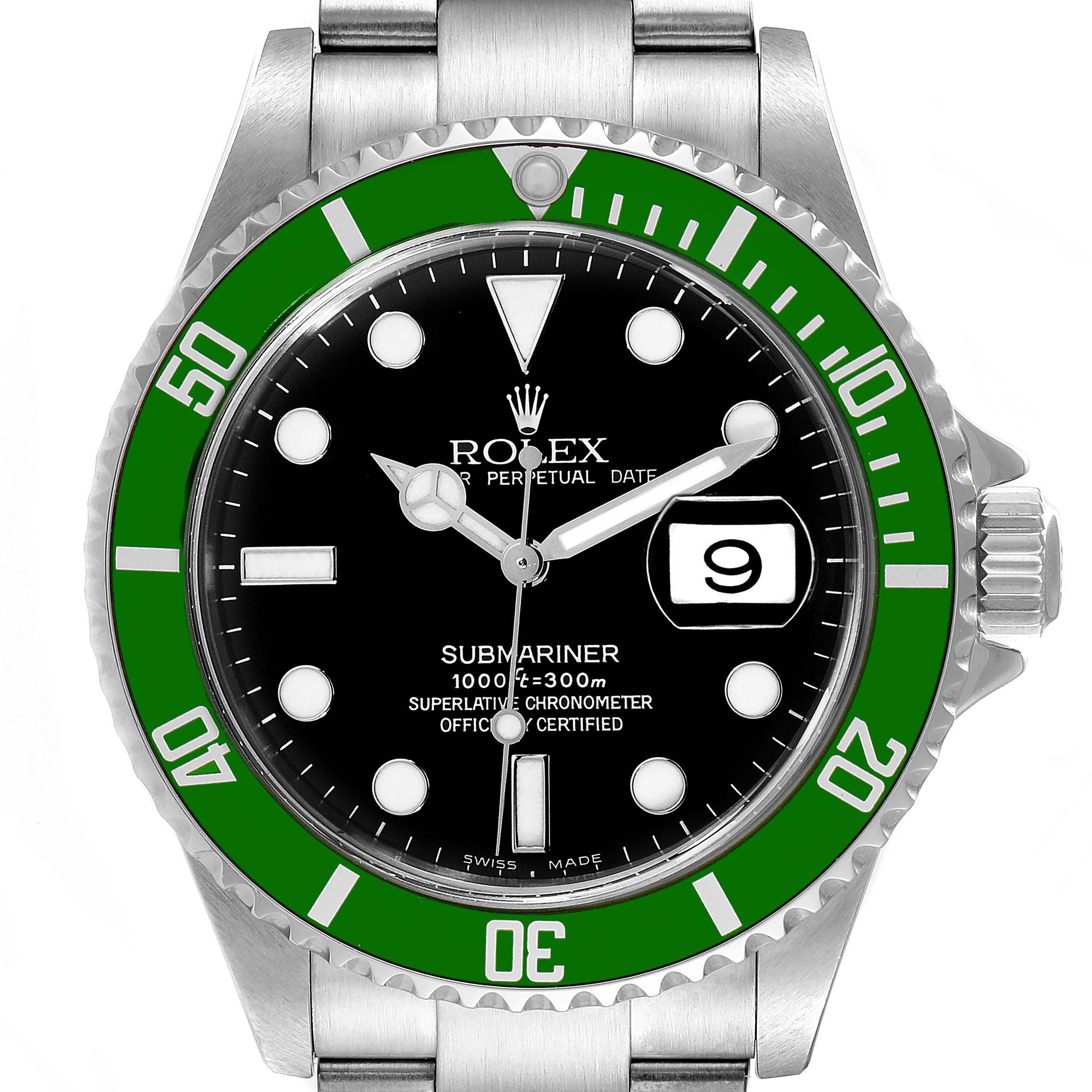 The image shows the Rolex Submariner 16610LV Men
s Stainless Steel Black Dial 16610LV Men
s Stainless Steel Black Dial watch
s face, bezel, dial, and part of the bracelet from a front angle.