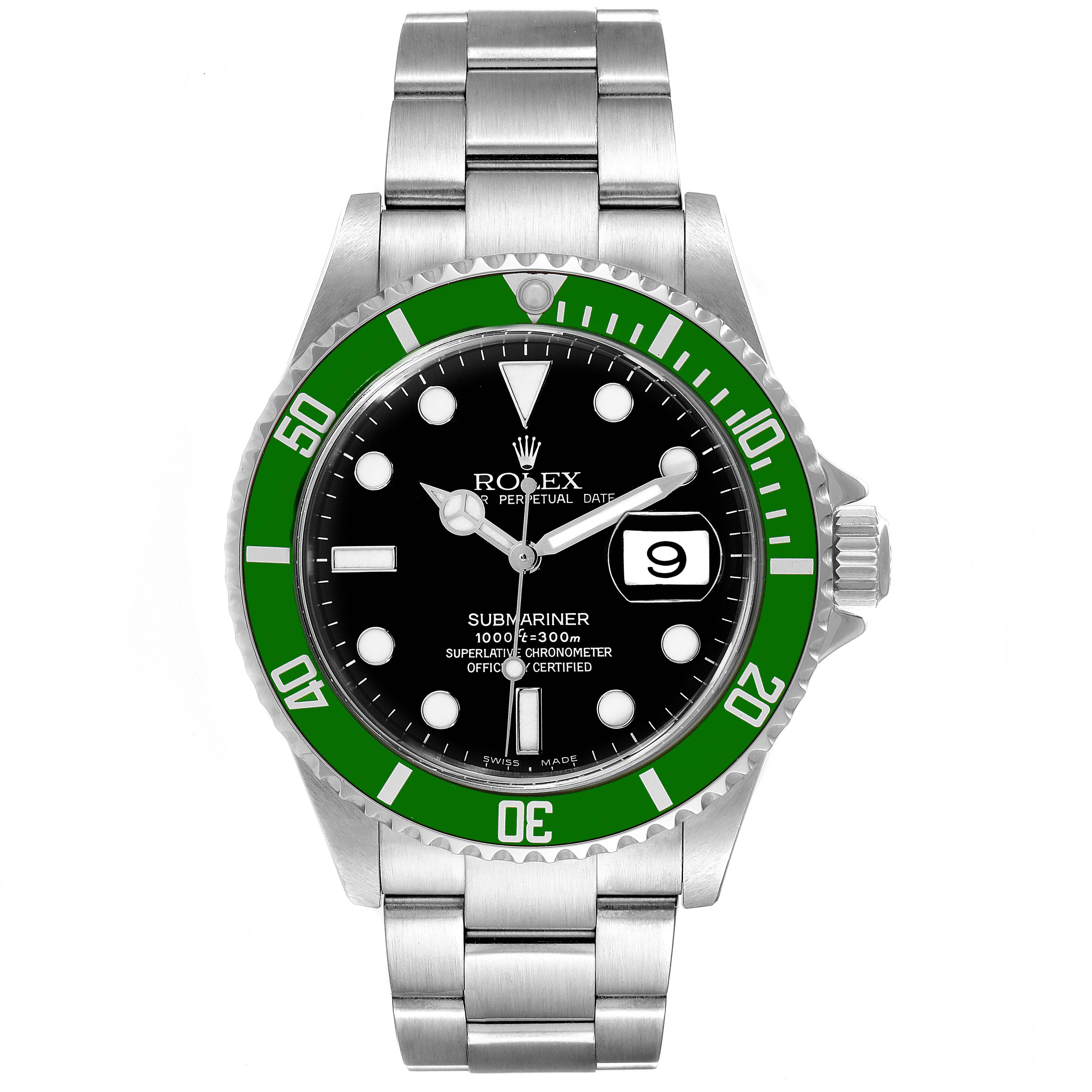 This image shows a frontal view of a Rolex Submariner 16610LV Men
s Stainless Steel Black Dial 16610LV Men
s Stainless Steel Black Dial watch featuring a green bezel and black dial with a date window.